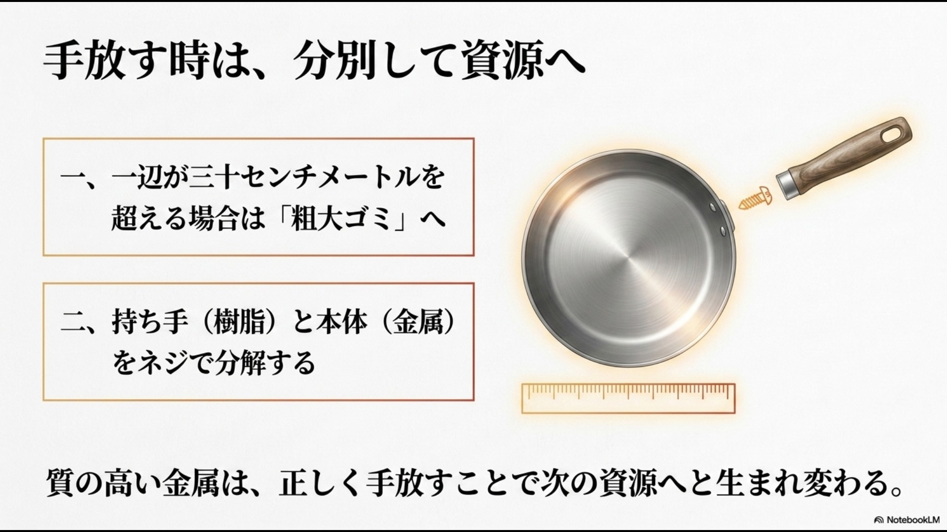手放す時は分別して資源へ。一辺が30cmを超える場合は粗大ゴミへ出すこと、持ち手の樹脂と本体の金属をネジで分解することを説明するスライド