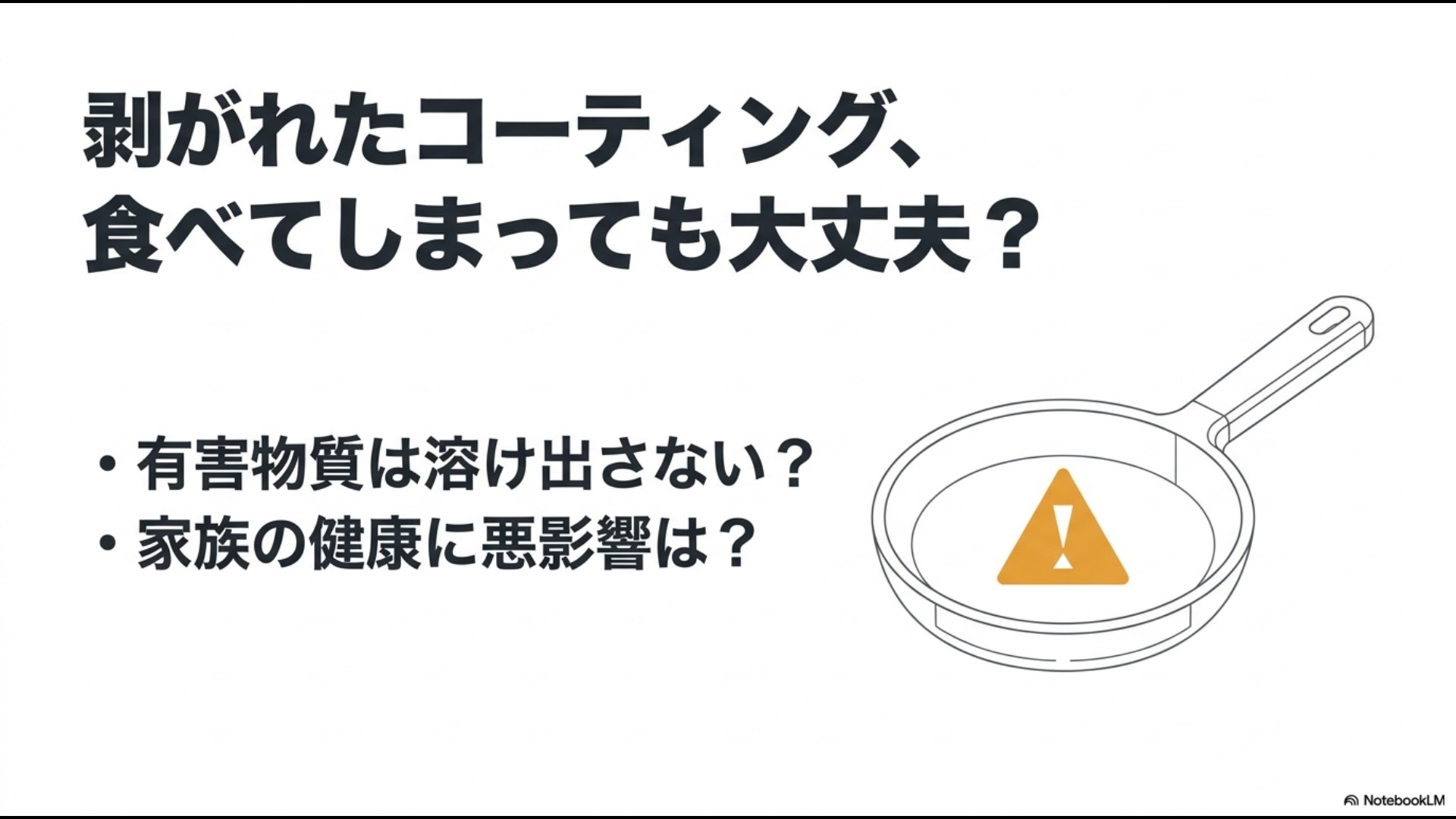 フライパンのイラストに注意マークと、剥がれたコーティングを食べてしまっても大丈夫か、有害物質の溶出や健康への影響を疑問視するスライド画像