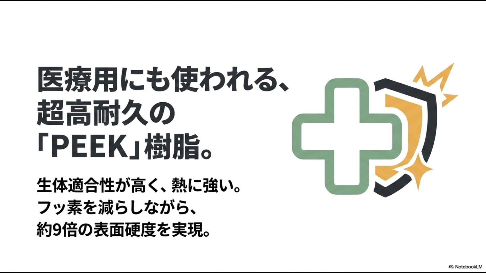 医療用にも使われる超高耐久のPEEK樹脂の特性(生体適合性が高い、熱に強い、約9倍の表面硬度)を解説するスライド画像
