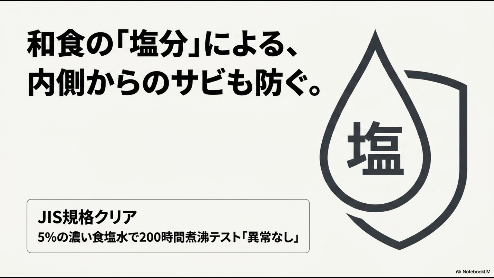 和食の塩分によるサビを防ぐため、JIS規格に基づき5%の濃い食塩水で200時間煮沸テストをクリア(異常なし)したことを示すスライド画像
