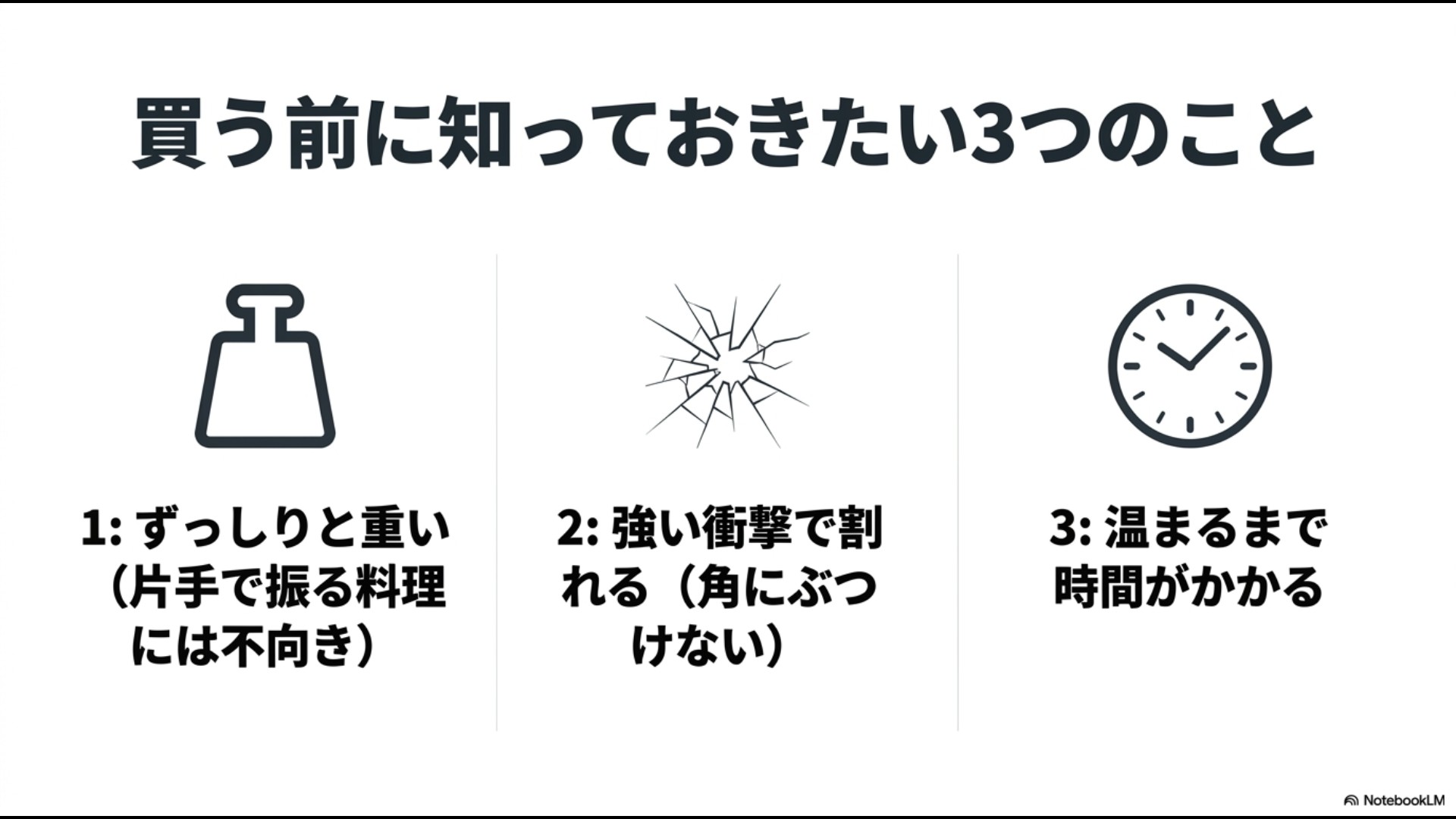 ガラスのフライパンを購入する前に知っておきたい3つのデメリットとして、ずっしりと重いこと、強い衝撃で割れること、温まるまで時間がかかることをまとめたスライド。