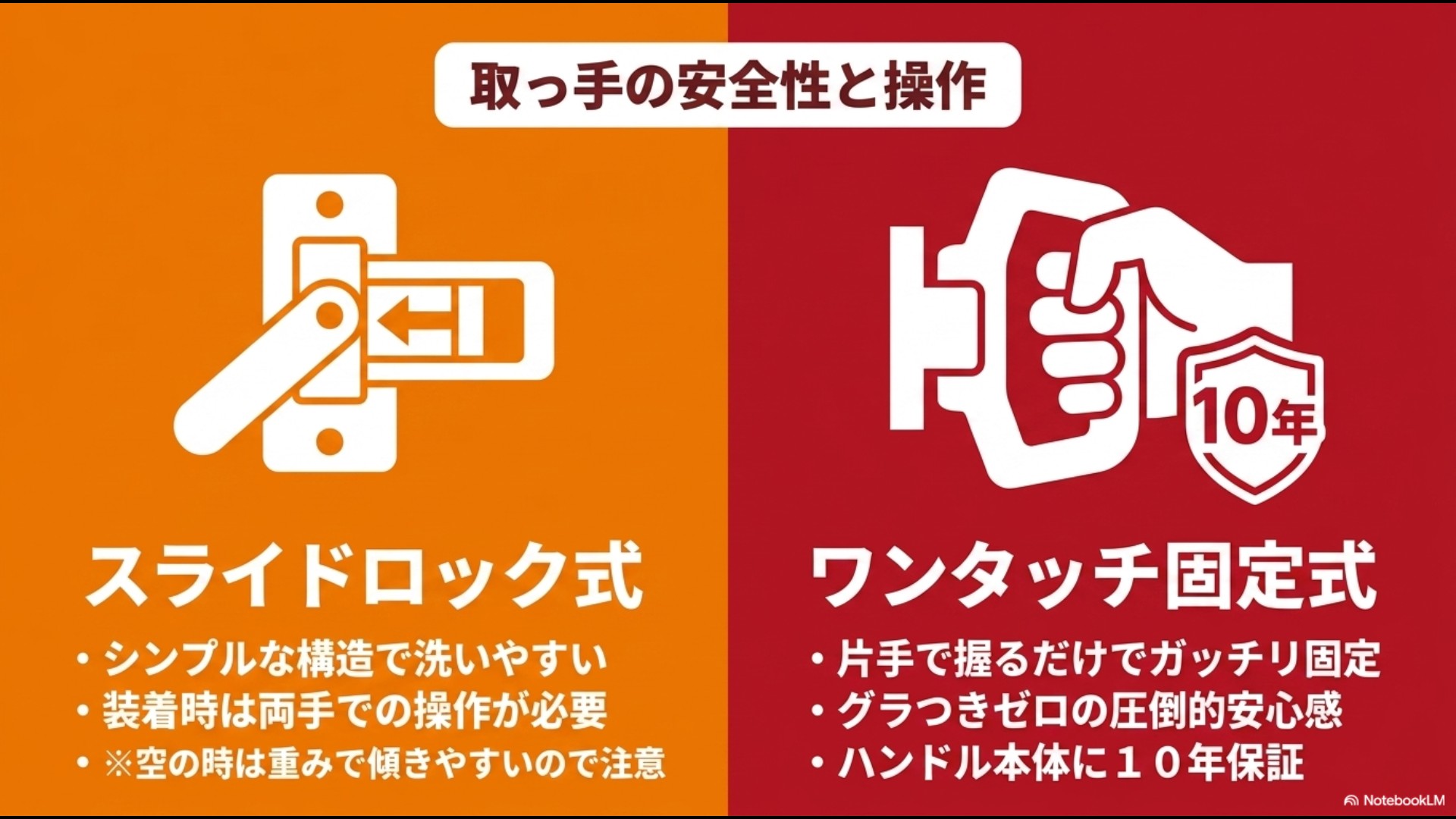 サーモスのシンプルなスライドロック式取っ手と、ティファールの10年保証付きワンタッチ固定式取っ手の安全性と操作性を比較したスライド。