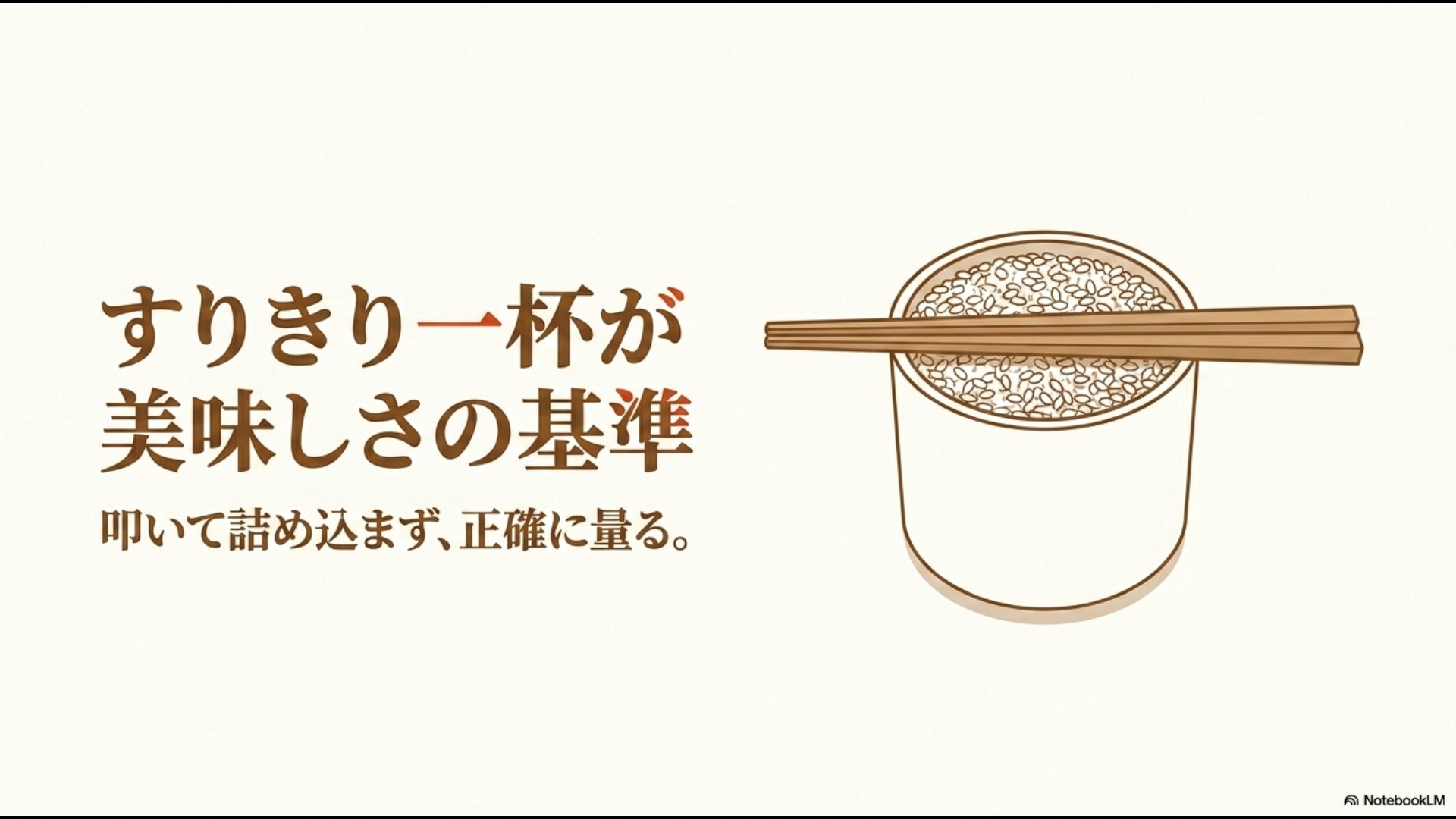 すりきりでお米を量る計量カップのイラスト。「すりきり一杯が美味しさの基準 叩いて詰め込まず、正確に量る。」と書かれたスライド。
