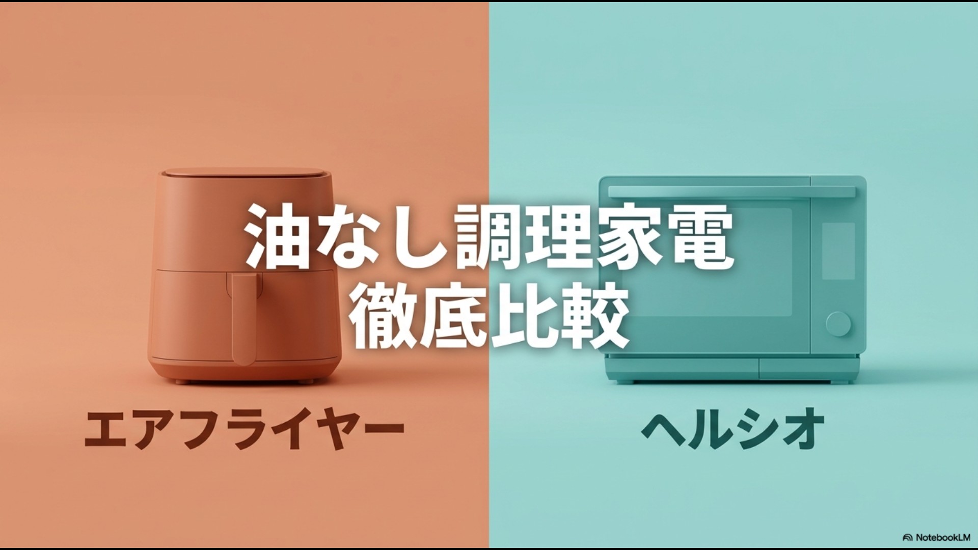 油なし調理家電の徹底比較として、エアフライヤーとヘルシオの違いを解説するタイトルのアイキャッチ用スライド