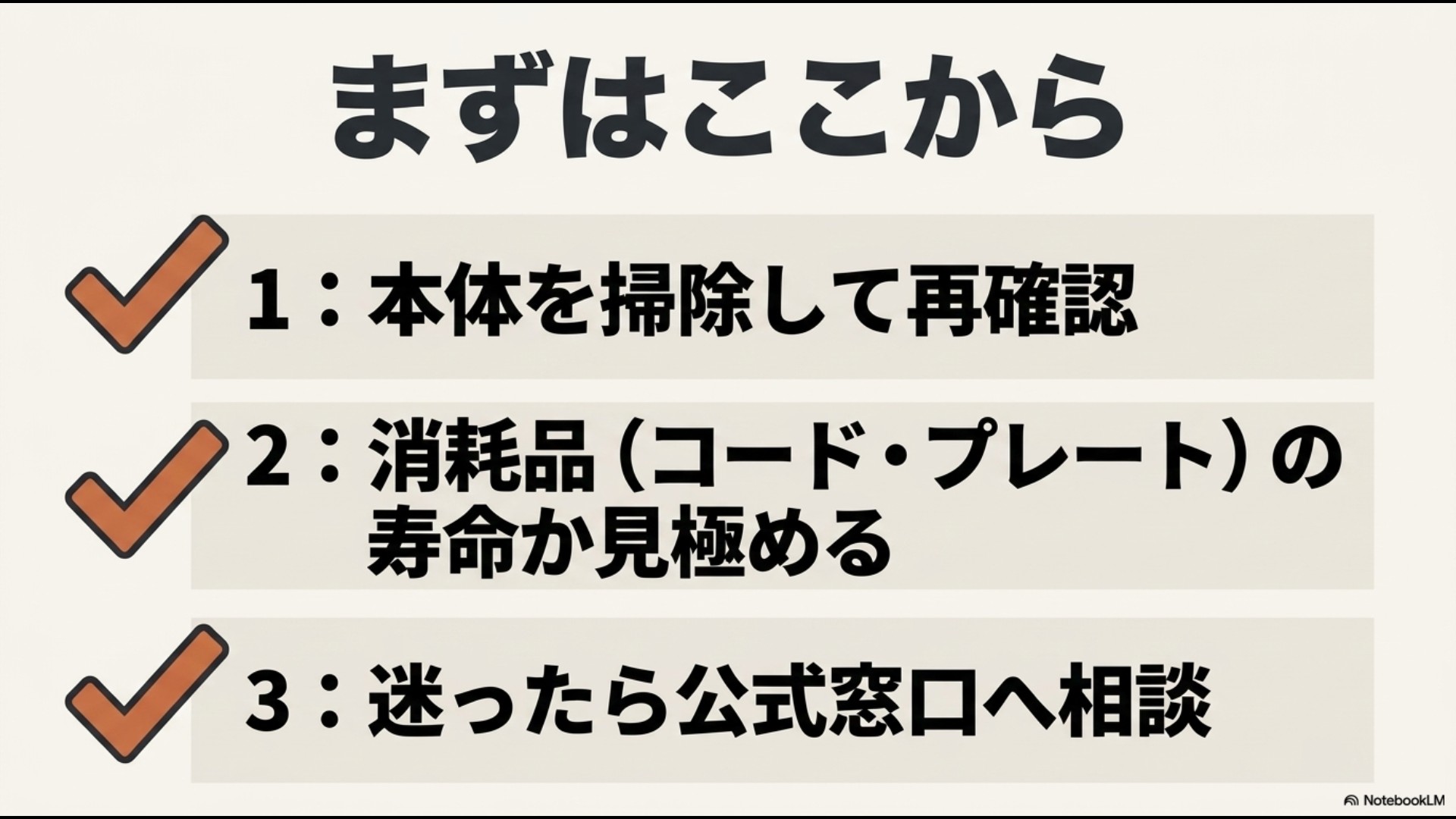 「まずはここから。1:本体を掃除して再確認、2:消耗品(コード・プレート)の寿命か見極める、3:迷ったら公式窓口へ相談」と大きな文字で書かれたまとめのスライド画像。