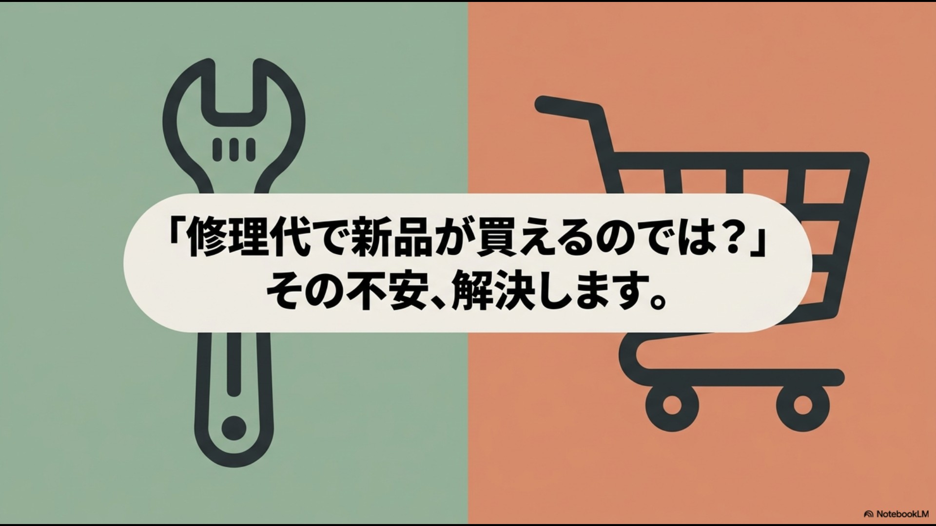 レンチのイラストとともに「『修理代で新品が買えるのでは?』その不安、解決します。」と書かれたスライド画像。