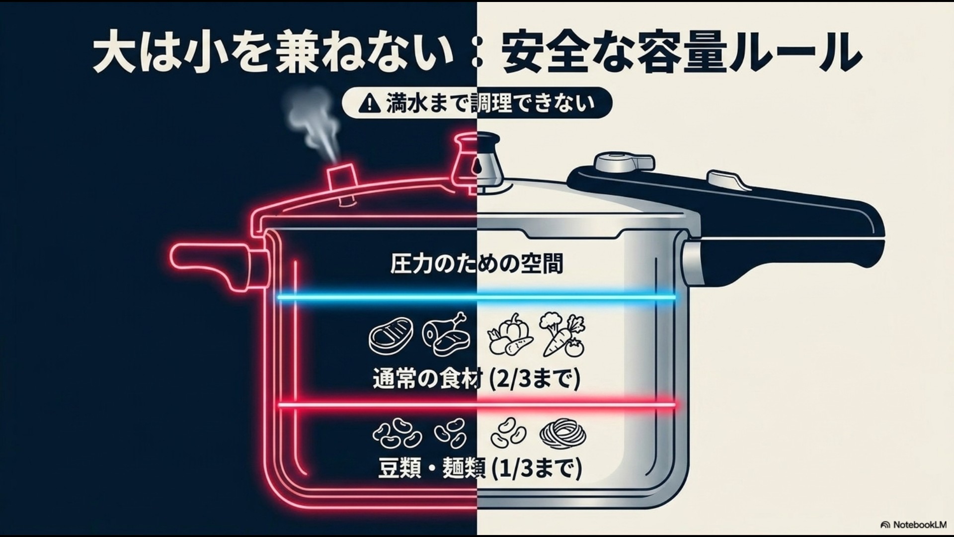 満水まで調理できない圧力鍋の安全ルール(通常食材は2/3まで、豆類・麺類は1/3まで)を図解したスライド