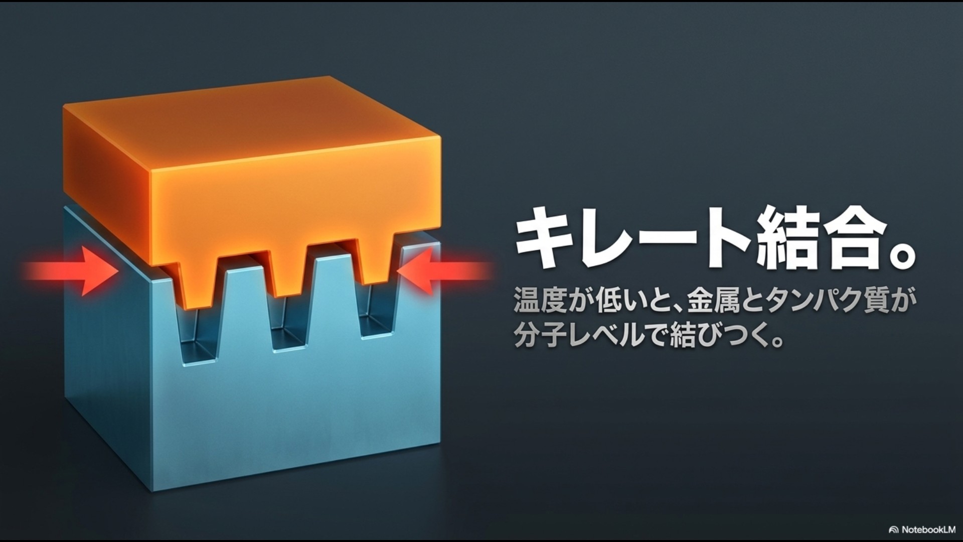 キレート結合:温度が低いと、金属とタンパク質が分子レベルで結びつく様子を凹凸が噛み合う形で表現したイラストスライド
