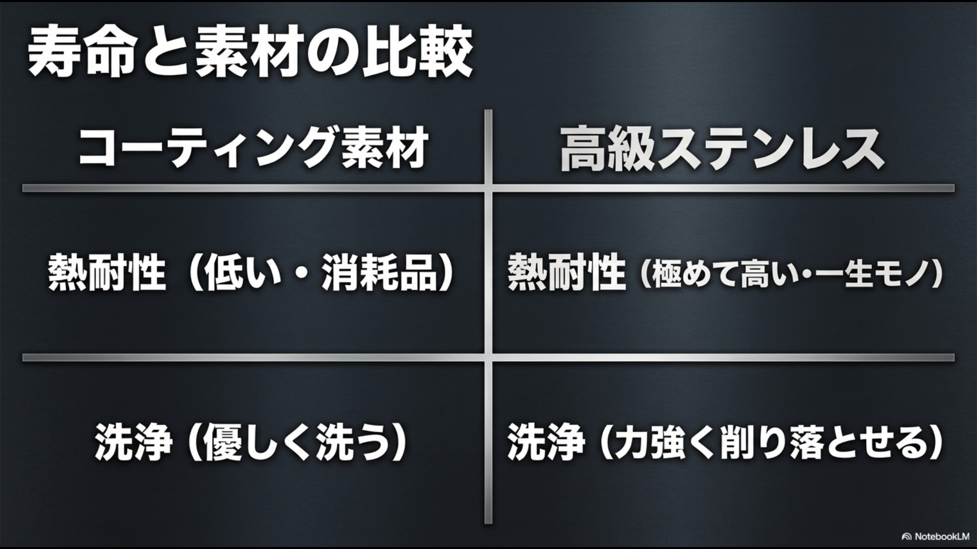 寿命と素材の比較:熱耐性が低く消耗品のコーティング素材と、熱耐性が極めて高く一生モノの高級ステンレスの違い(洗浄方法の違いなど)を比較した表スライド