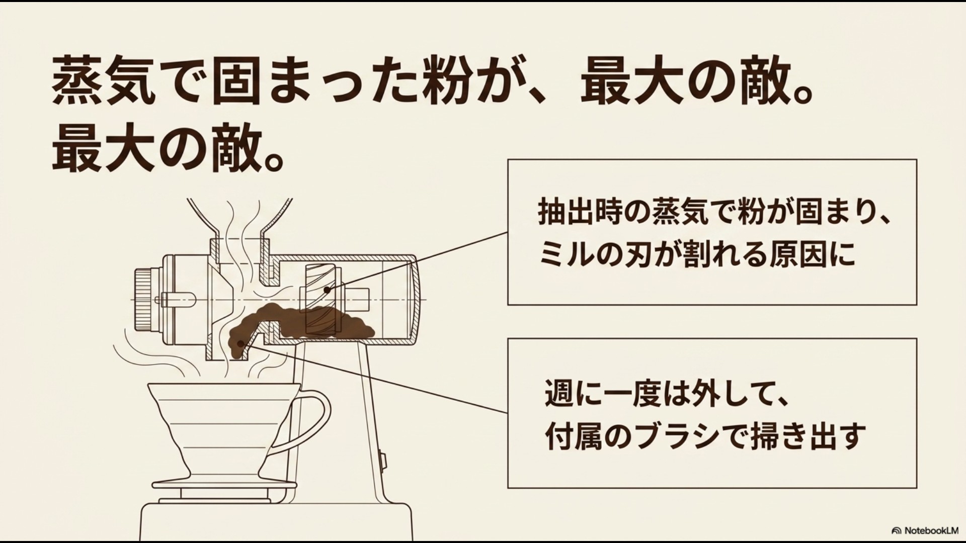 抽出時の蒸気でコーヒーの微粉が固まりミルの刃が割れる原因になることと、週に一度はミルを外してブラシで掃き出すメンテナンスを推奨する図解。