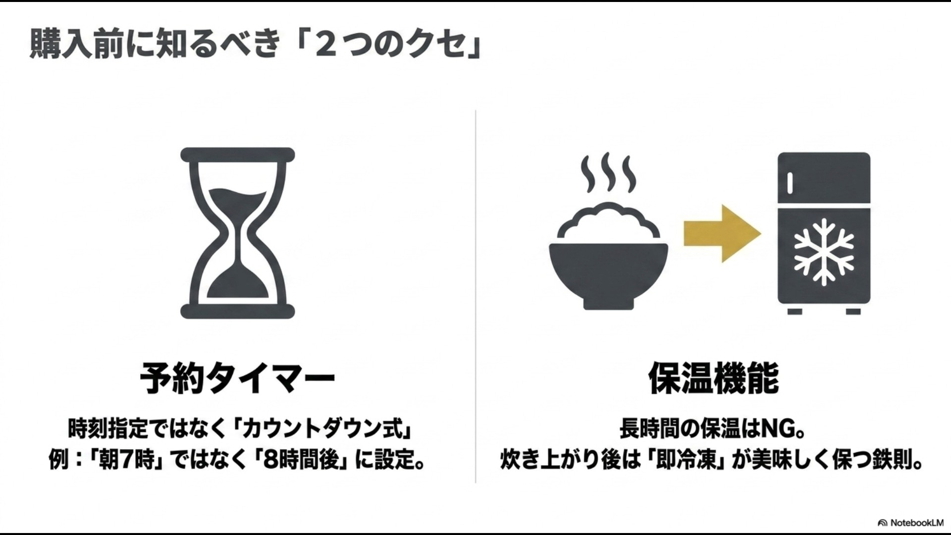 COMFEE'炊飯器の予約タイマーがカウントダウン式である点と、保温機能は短時間にとどめ即冷凍が鉄則である点を開設したスライド