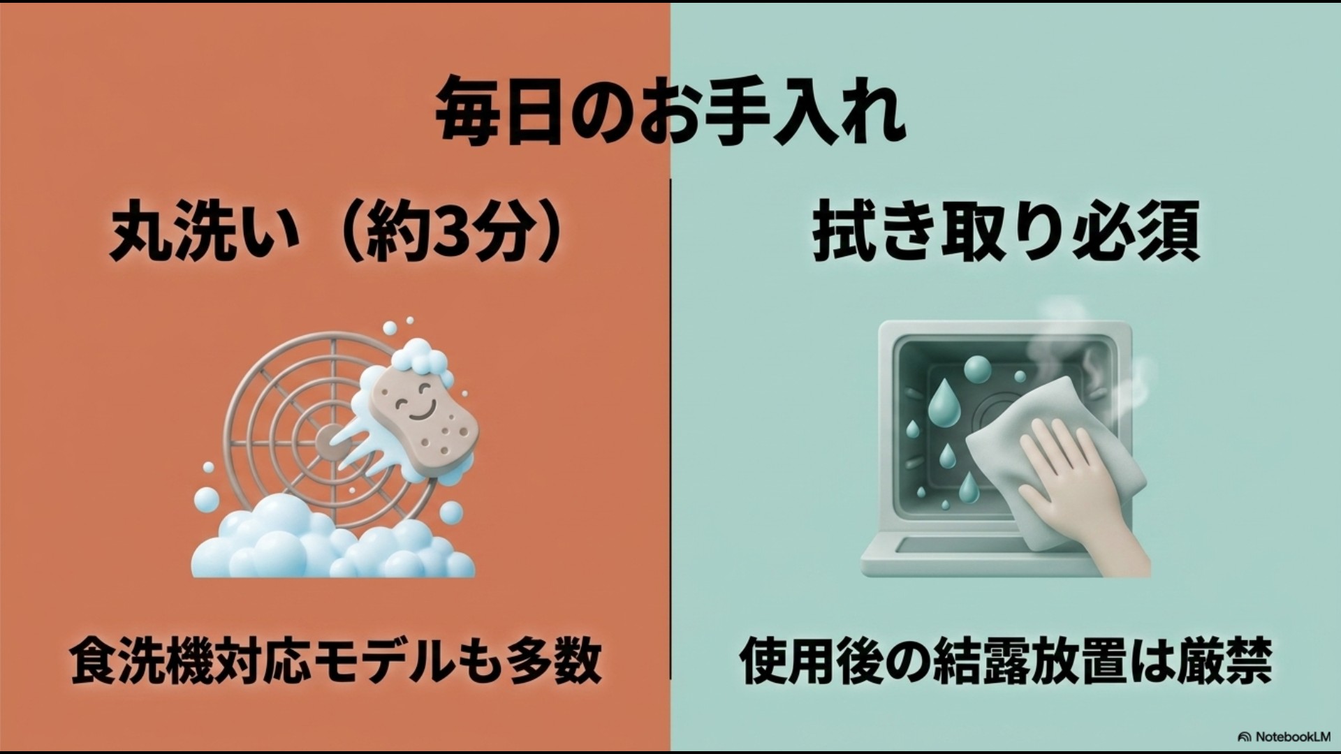 エアフライヤーの「丸洗い(約3分)・食洗機対応モデル多数」の手軽さと、ヘルシオの「拭き取り必須・使用後の結露放置は厳禁」というお手入れの違いを比較したスライド