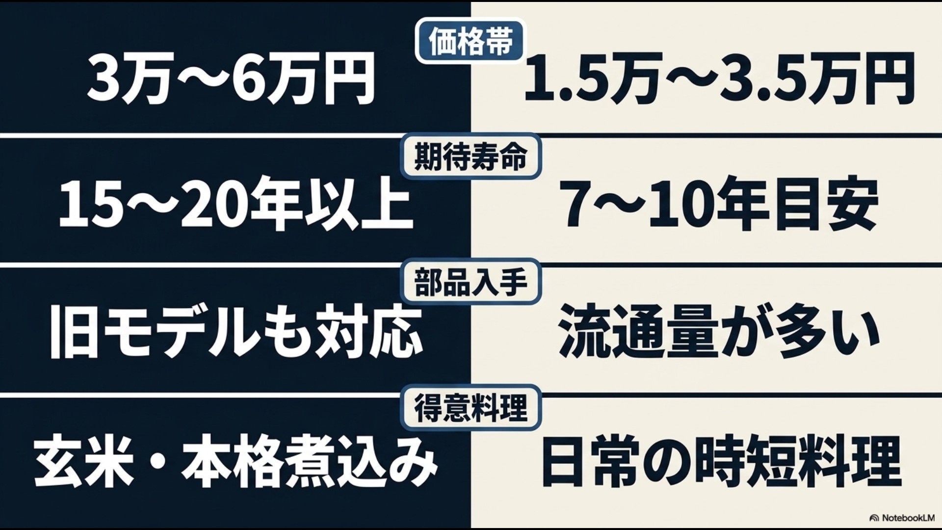 フィスラーとティファールの価格帯、期待寿命、部品の入手性、得意料理をまとめた仕様比較表スライド
