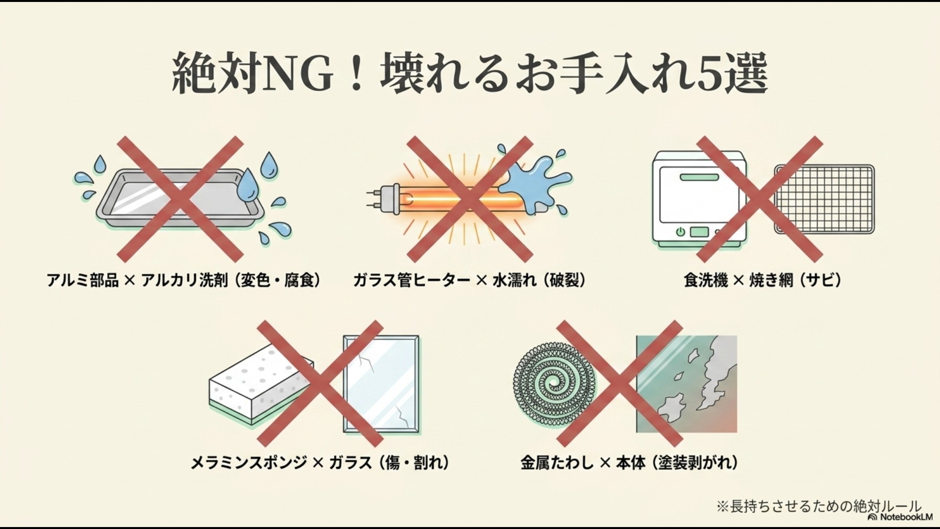 赤い大きなバツ印が重ねられた5つの禁止イラスト。「絶対NG!壊れるお手入れ5選」として、アルミ部品へのアルカリ洗剤使用、ガラス管ヒーターの水濡れ、食洗機での焼き網洗浄、メラミンスポンジによるガラスの研磨、金属たわしでのこすり洗いを注意喚起しているスライド。