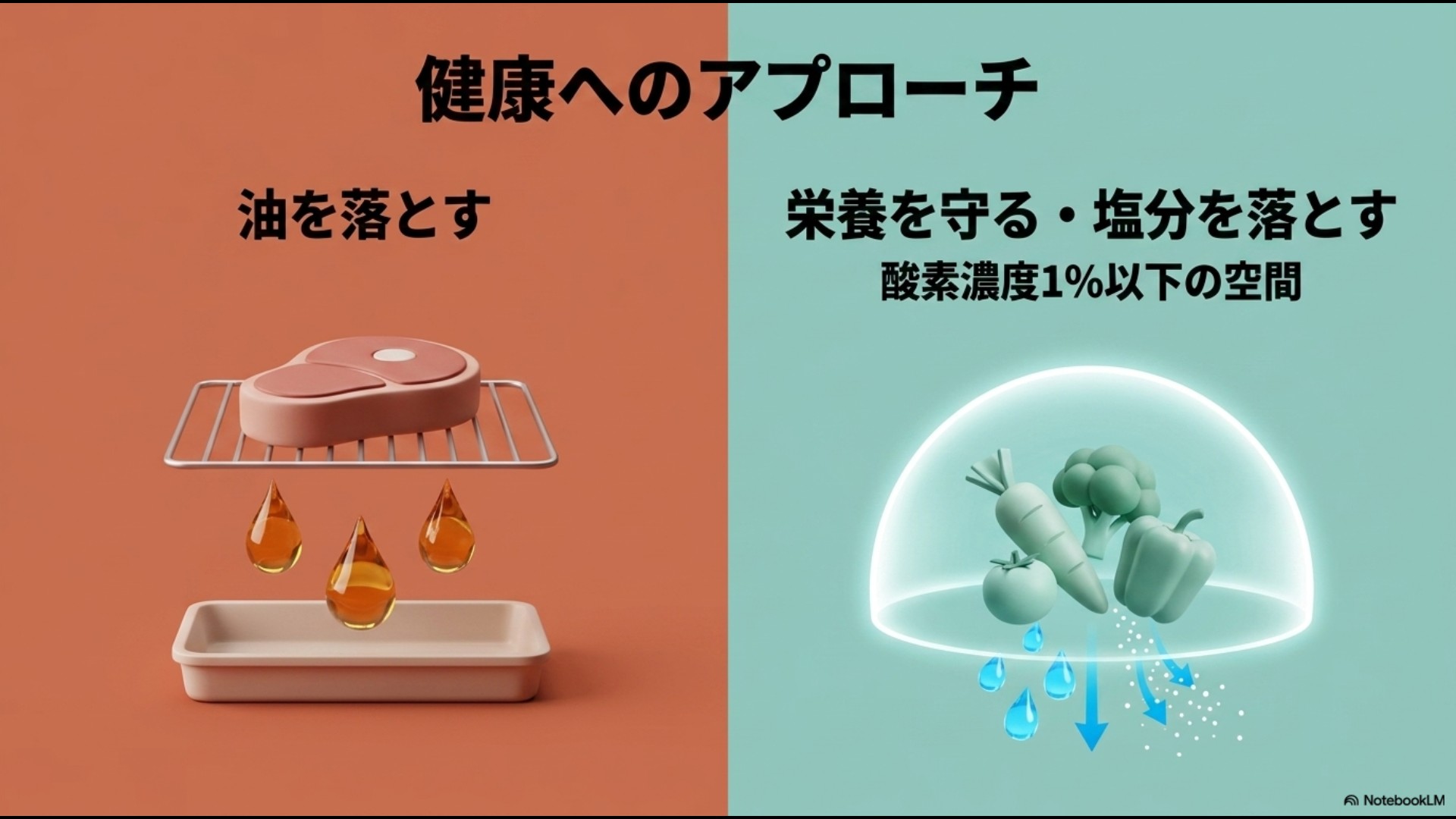 エアフライヤーの「油を落とす」アプローチと、ヘルシオの酸素濃度1%以下の空間で「栄養を守る・塩分を落とす」アプローチを比較したスライド