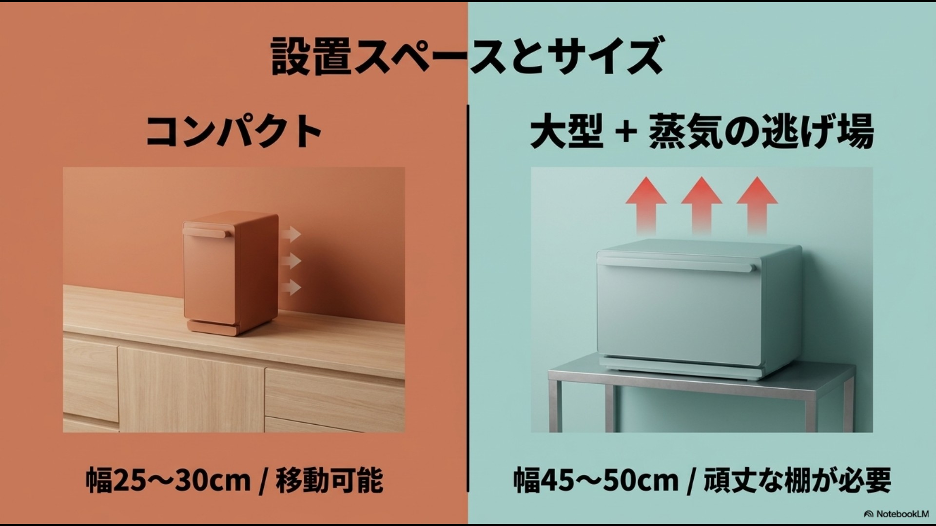 エアフライヤーのコンパクトさ(幅25-30cm/移動可能)と、ヘルシオの大型+蒸気の逃げ場(幅45-50cm/頑丈な棚が必要)の設置条件を比較したスライド