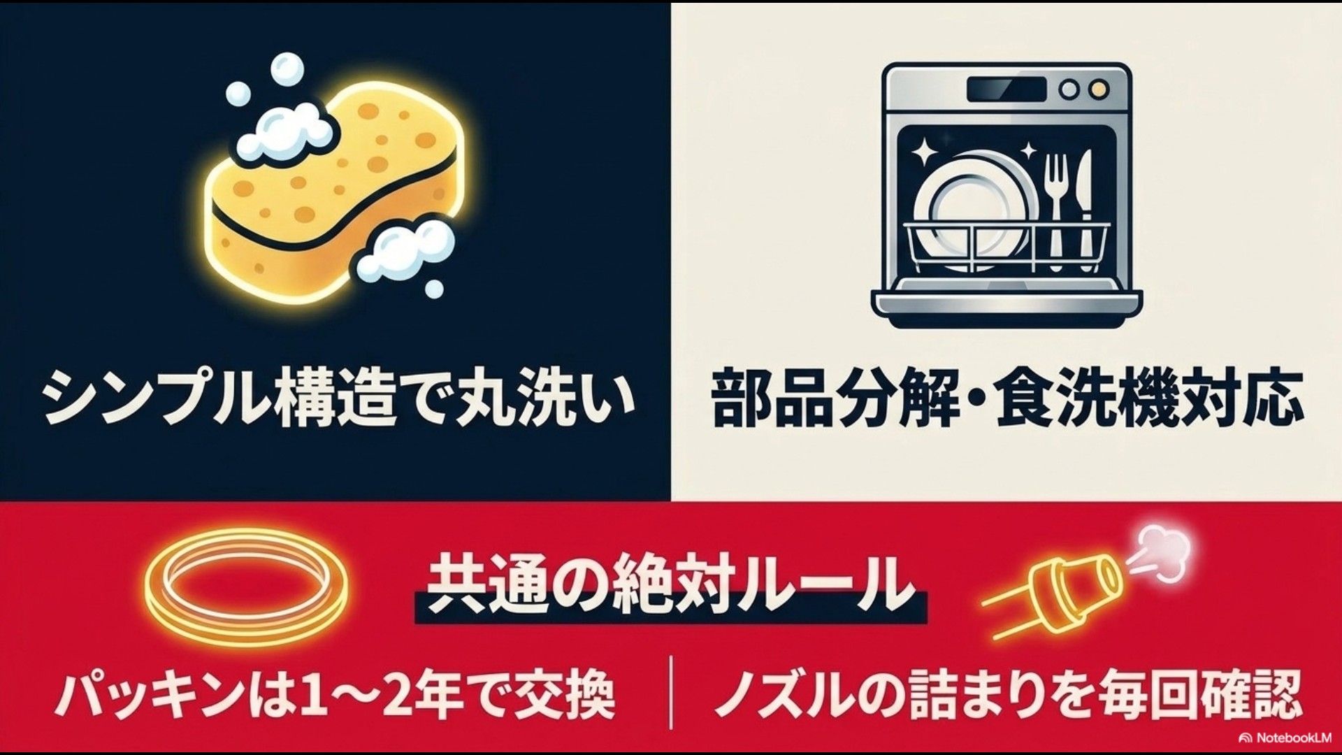 フィスラーのシンプル丸洗い構造と、ティファールの部品分解・食洗機対応を比較し、共通ルールとしてパッキン交換やノズル確認を説明したスライド