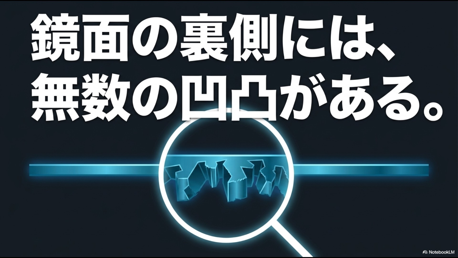 鏡面の裏側には、無数の凹凸があるという解説と、金属表面の顕微鏡レベルの凹凸を表したイラストスライド