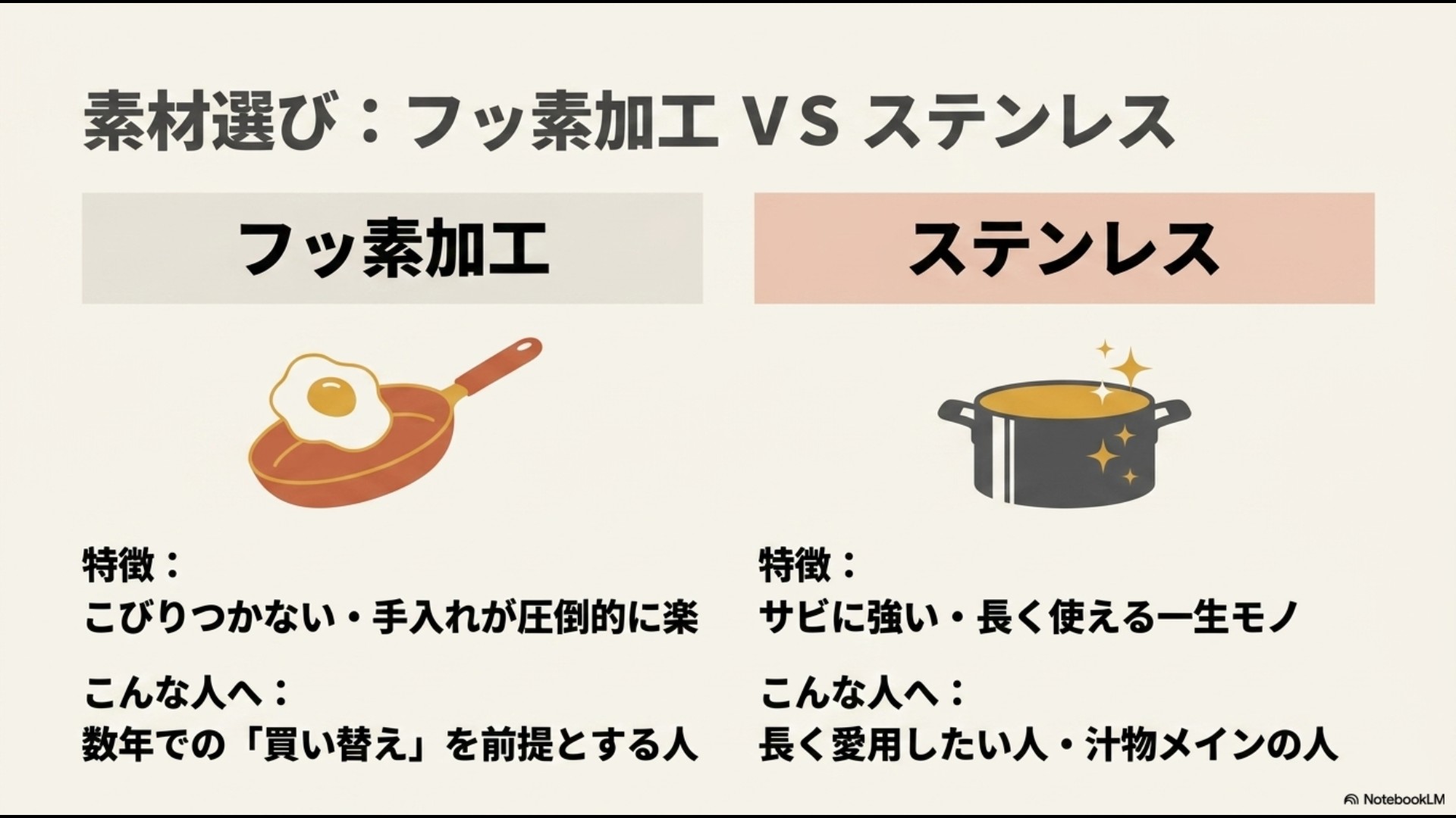 片手鍋の素材選びを比較したスライド。フッ素加工はこびりつかず手入れが楽で買い替え前提の人向け、ステンレスはサビに強く長く使えて一生モノを求める人向けと解説しています。