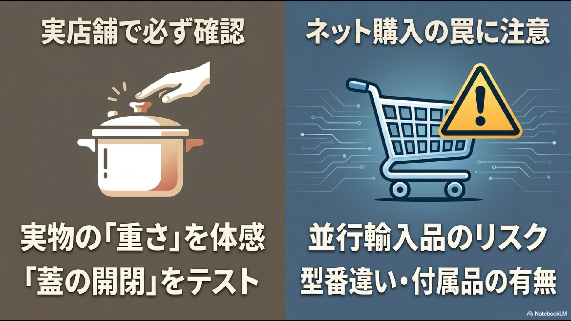 ネット購入での並行輸入品・型番違いのリスクと、実店舗で実物の重さや蓋の開閉を確認すべきポイントをまとめたスライド