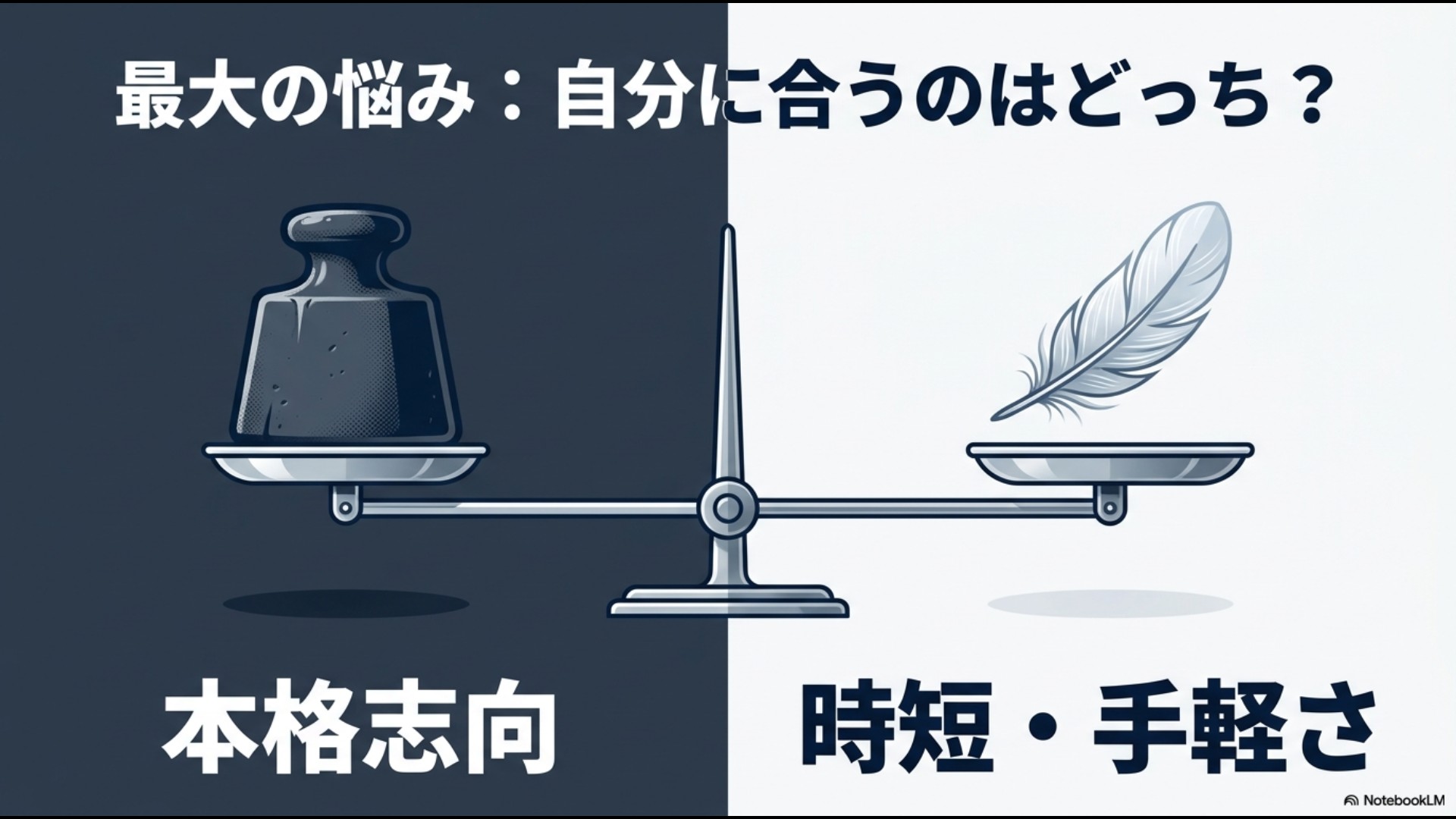 圧力鍋選びの最大の悩みである本格志向と時短・手軽さのどちらを選ぶかを天秤で表したイラスト