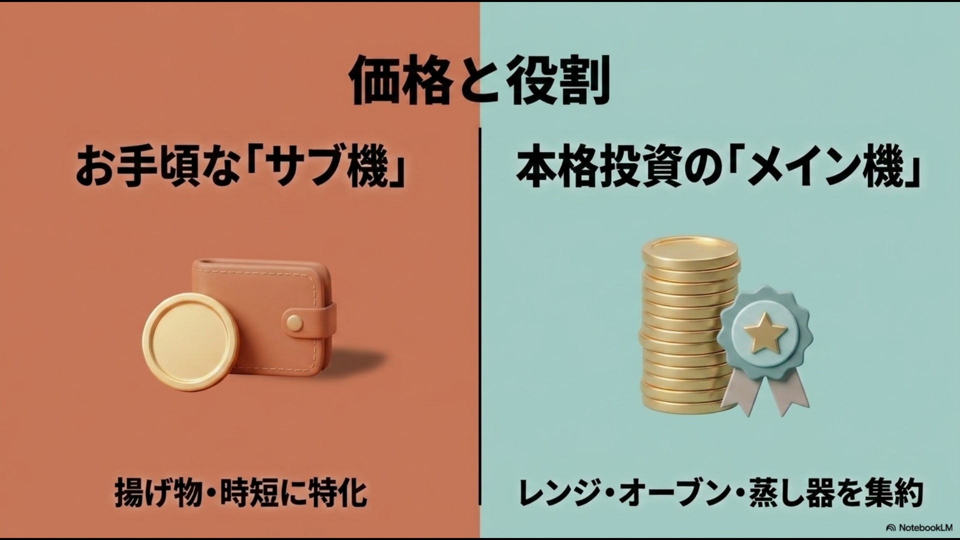 お手頃なサブ機として揚げ物・時短に特化するエアフライヤーと、本格投資のメイン機としてレンジ・オーブン・蒸し器を集約するヘルシオの役割の違いを示したスライド