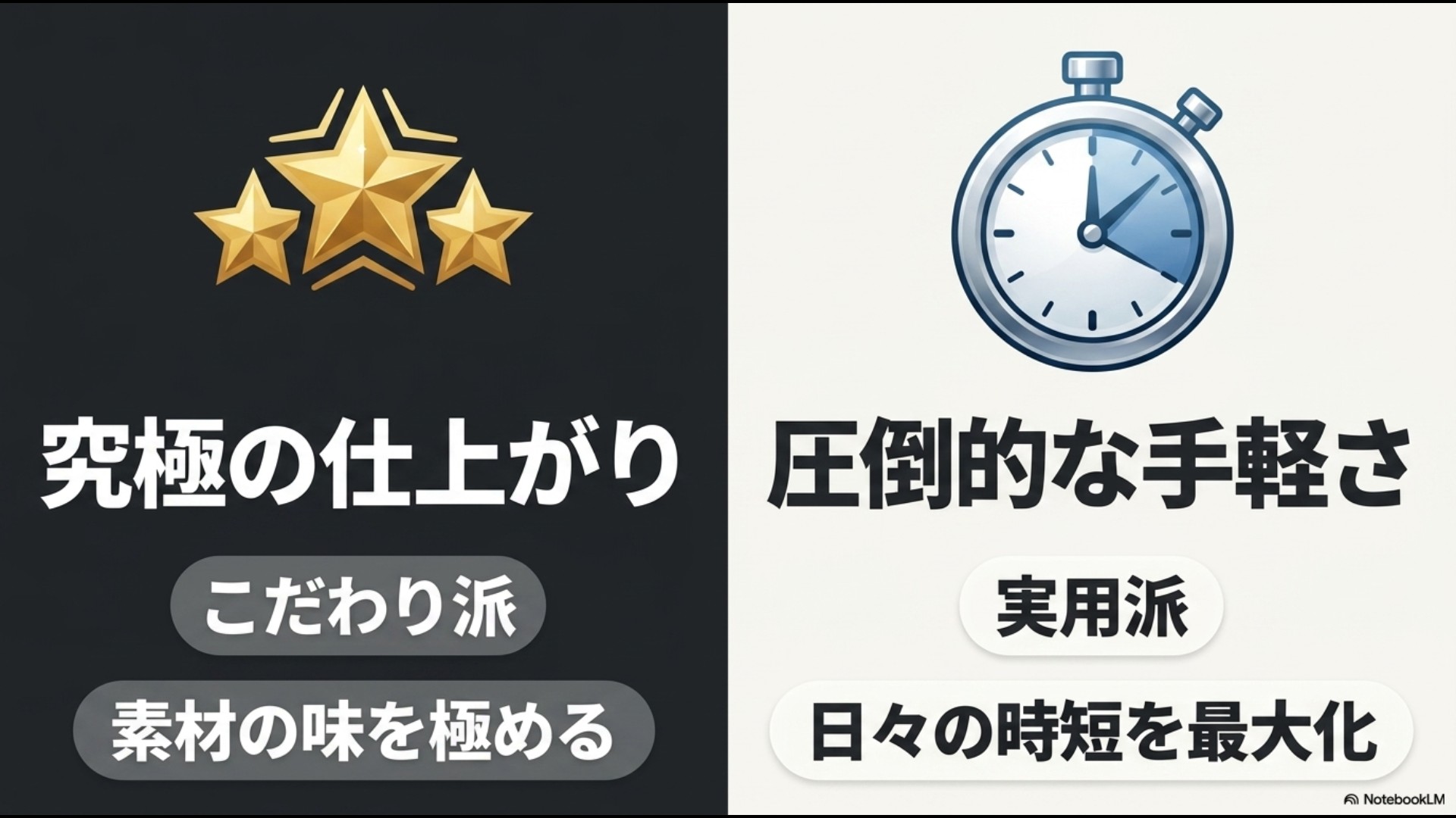 究極の仕上がりを求めるこだわり派と、圧倒的な手軽さを求める実用派の特徴を比較したスライド