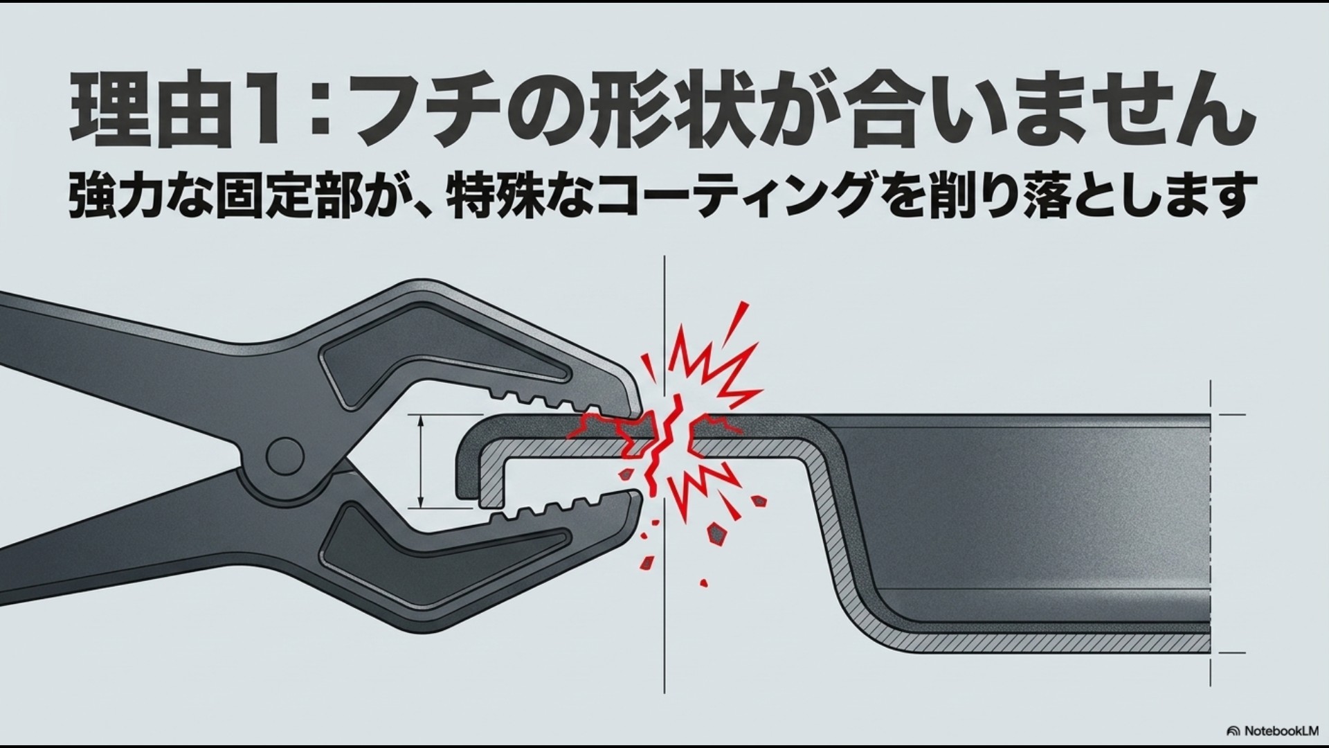 理由1として、フチの形状が合わず、強力な固定部が特殊なコーティングを削り落としてしまうメカニズムを解説したイラスト入りスライド画像。