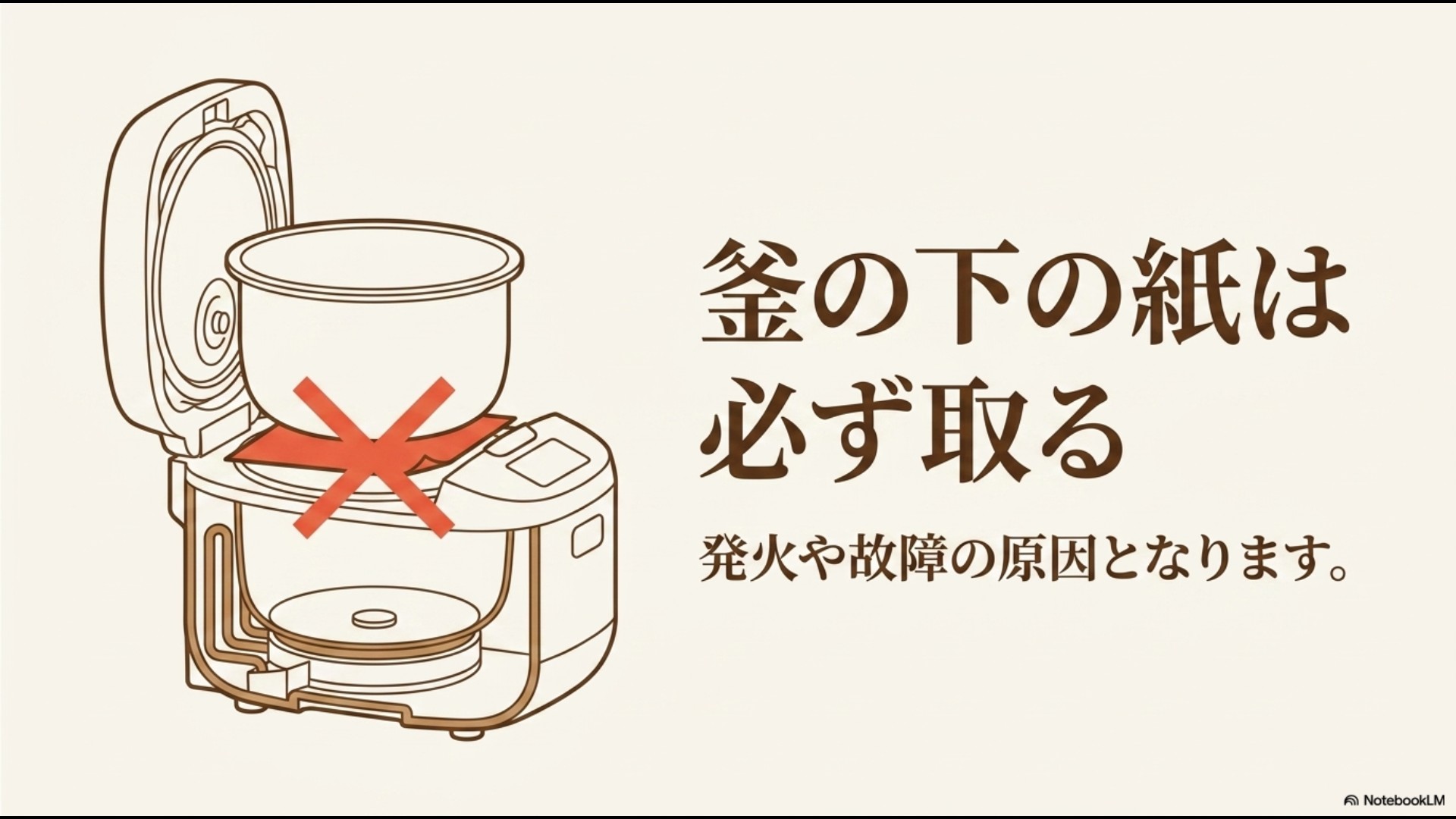 炊飯器の構造イラスト。内釜と加熱板の間にある赤い保護緩衝シートに大きな赤いバツ印がつき、「釜の下の紙は必ず取る 発火や故障の原因となります。」と注意を促すスライド。
