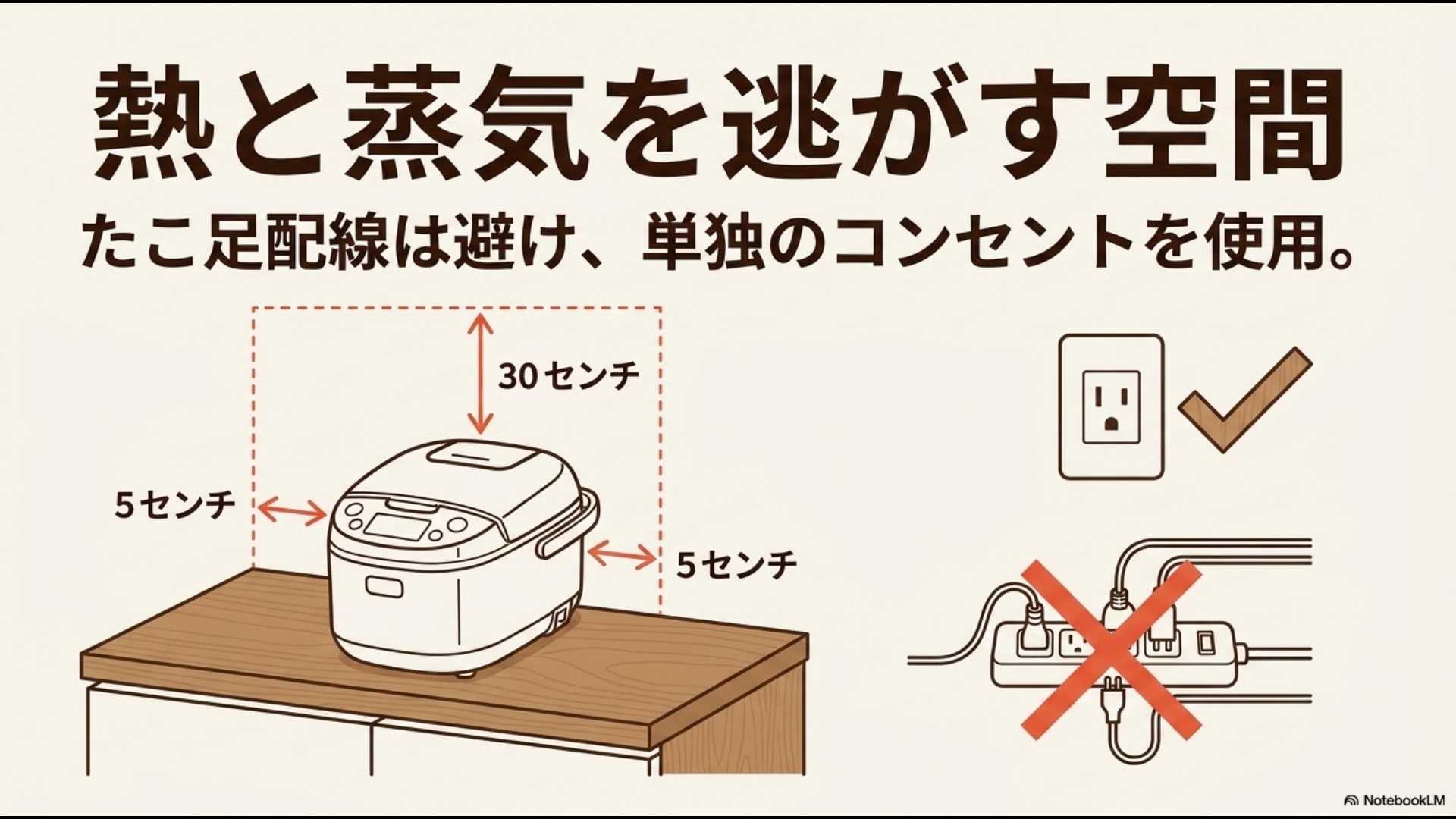 炊飯器に必要な周囲の空間(上30センチ、左右5センチ)を示したイラストと、たこ足配線にバツ印がついたイラスト。「熱と蒸気を逃がす空間 たこ足配線は避け、単独のコンセントを使用。」と書かれたスライド。