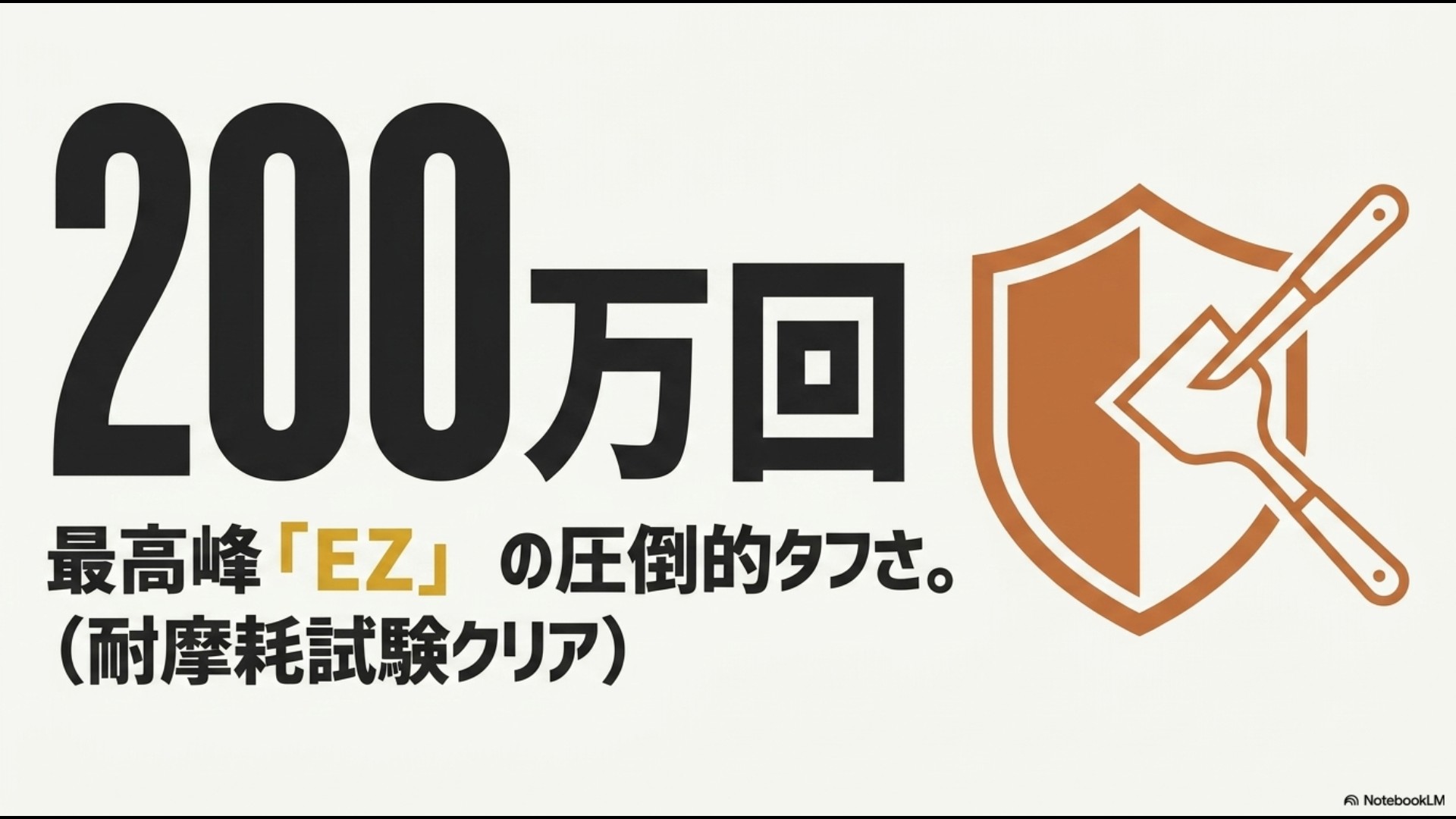 最高峰グレードであるEZの耐摩耗試験200万回クリアという圧倒的なタフさを紹介するスライド
