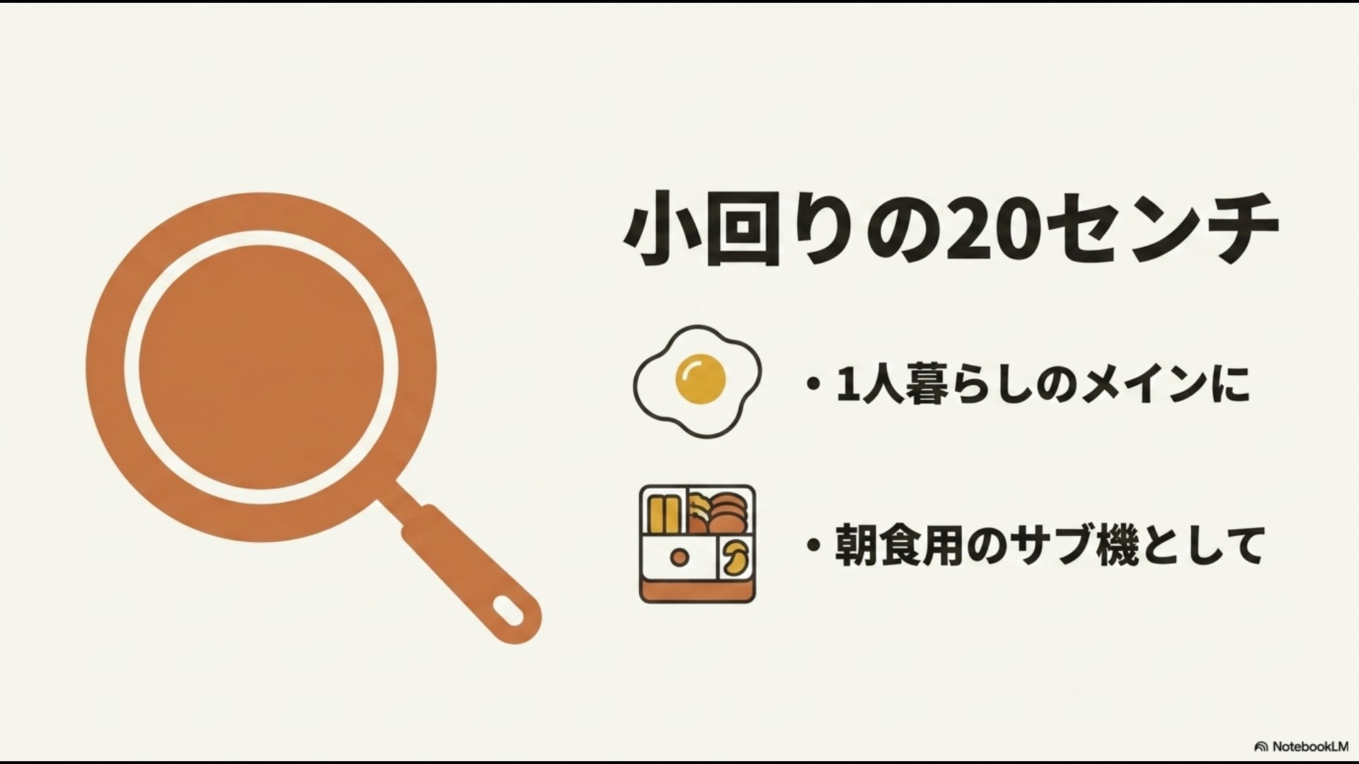 1人暮らしのメイン使いや朝食用お弁当作りのサブ機として小回りが利く20cmフライパンの使用シーンを示すスライド