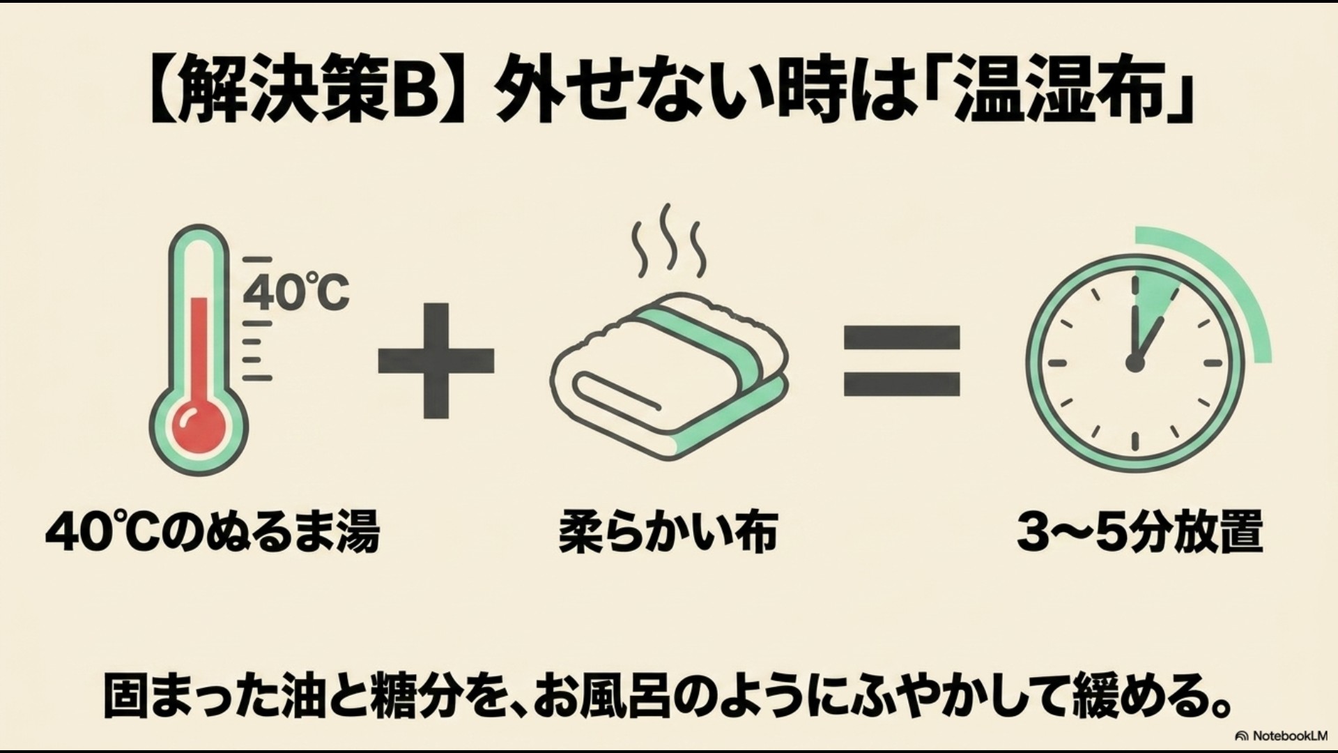 ボウルに張ったぬるま湯と柔らかい布のイラスト。「解決策B:外せない時は『温湿布』」として、40度程度のぬるま湯を含ませた柔らかい布をあてて3〜5分放置し、固まった油と糖分をお風呂のようにふやかして緩める方法を説明しているスライド。