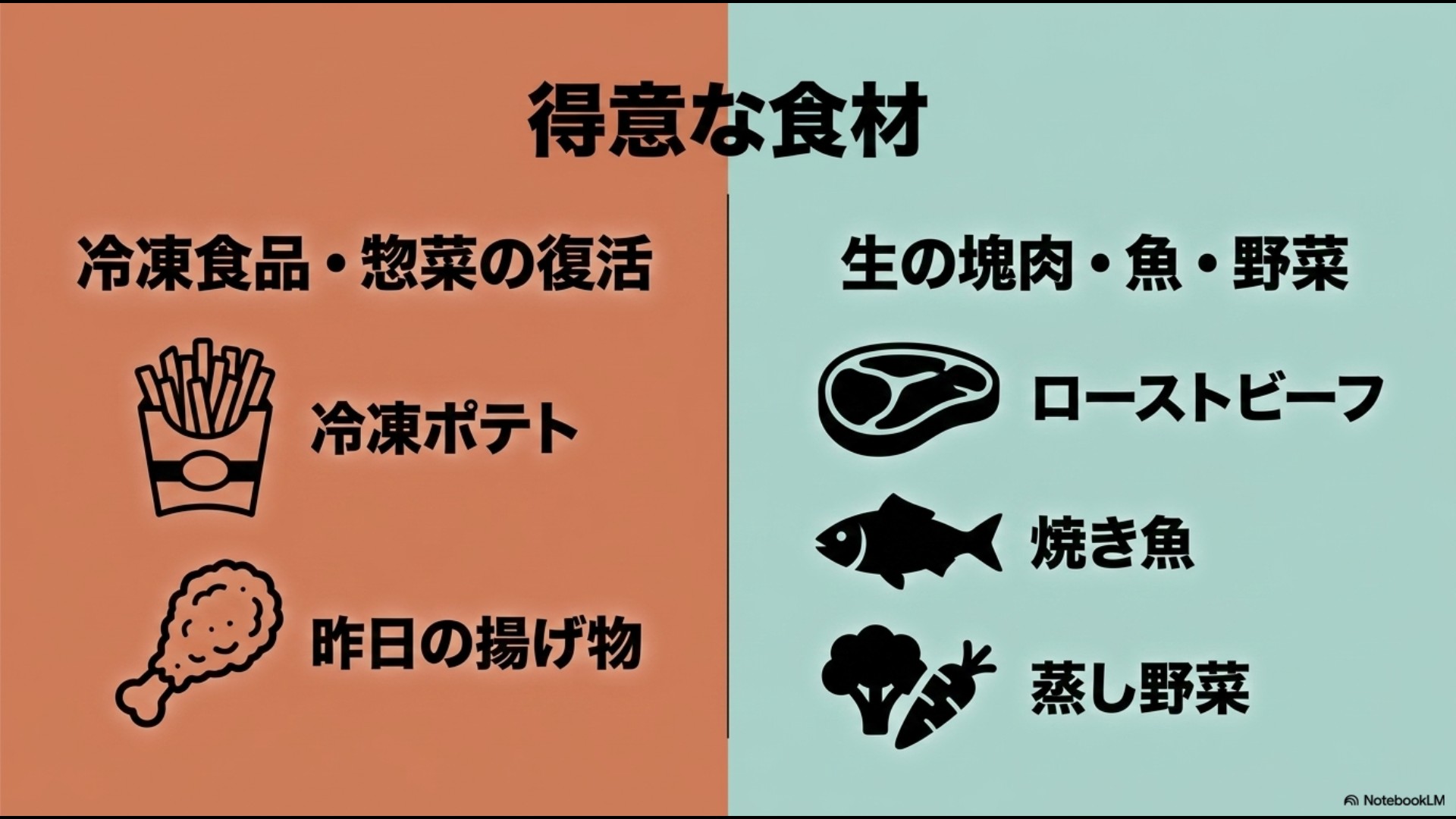 エアフライヤーが得意な冷凍食品や惣菜・昨日の揚げ物と、ヘルシオが得意な生の塊肉や魚・野菜(ローストビーフ、焼き魚、蒸し野菜)を比較したスライド