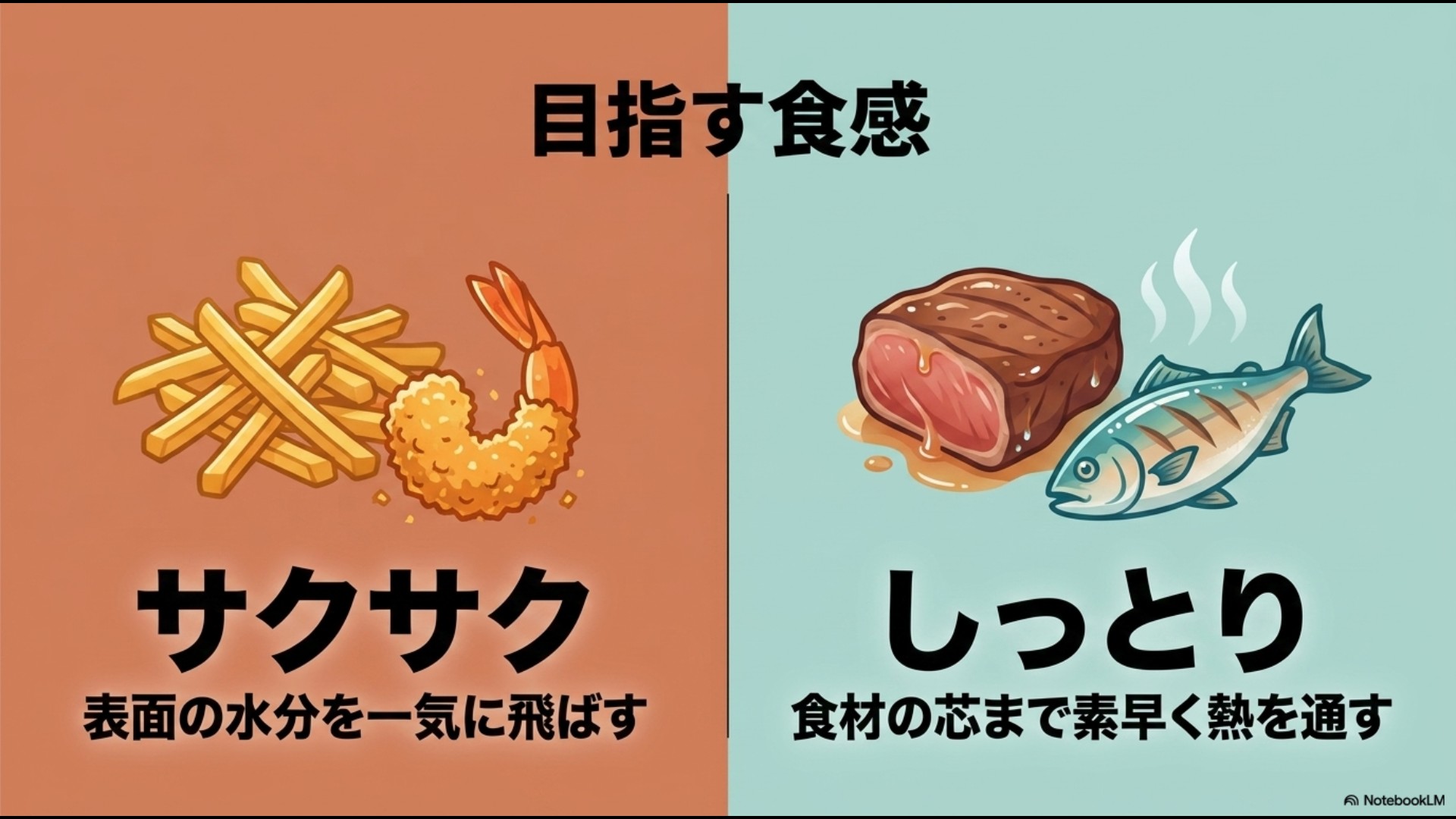 フライドポテトとエビフライのイラストでサクサク(表面の水分を一気に飛ばす)を、ステーキと焼き魚のイラストでしっとり(食材の芯まで素早く熱を通す)を表した食感の比較スライド