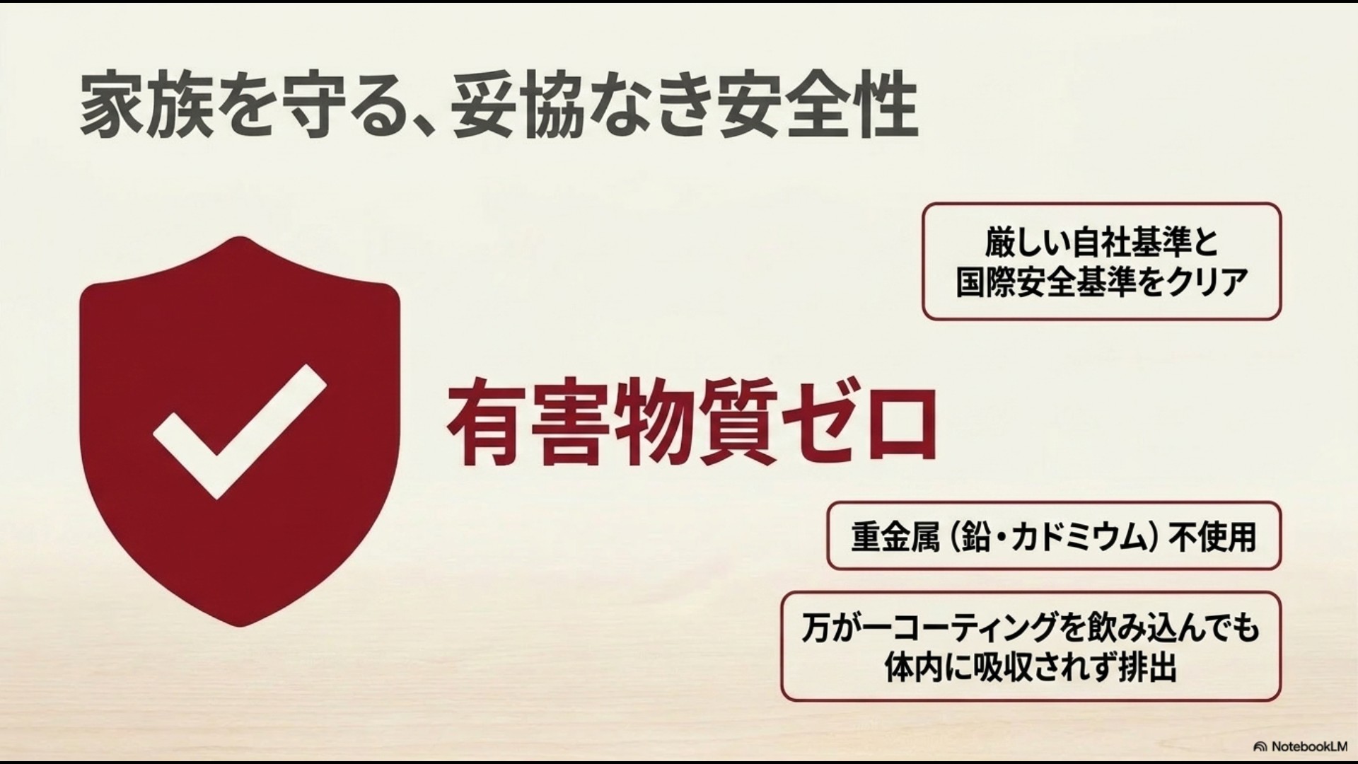 赤い盾にチェックマークが入ったイラスト。「家族を守る、妥協なき安全性。有害物質ゼロ。厳しい自社基準と国際安全基準をクリア。重金属不使用。万が一コーティングを飲み込んでも体内に吸収されず排出」という解説。