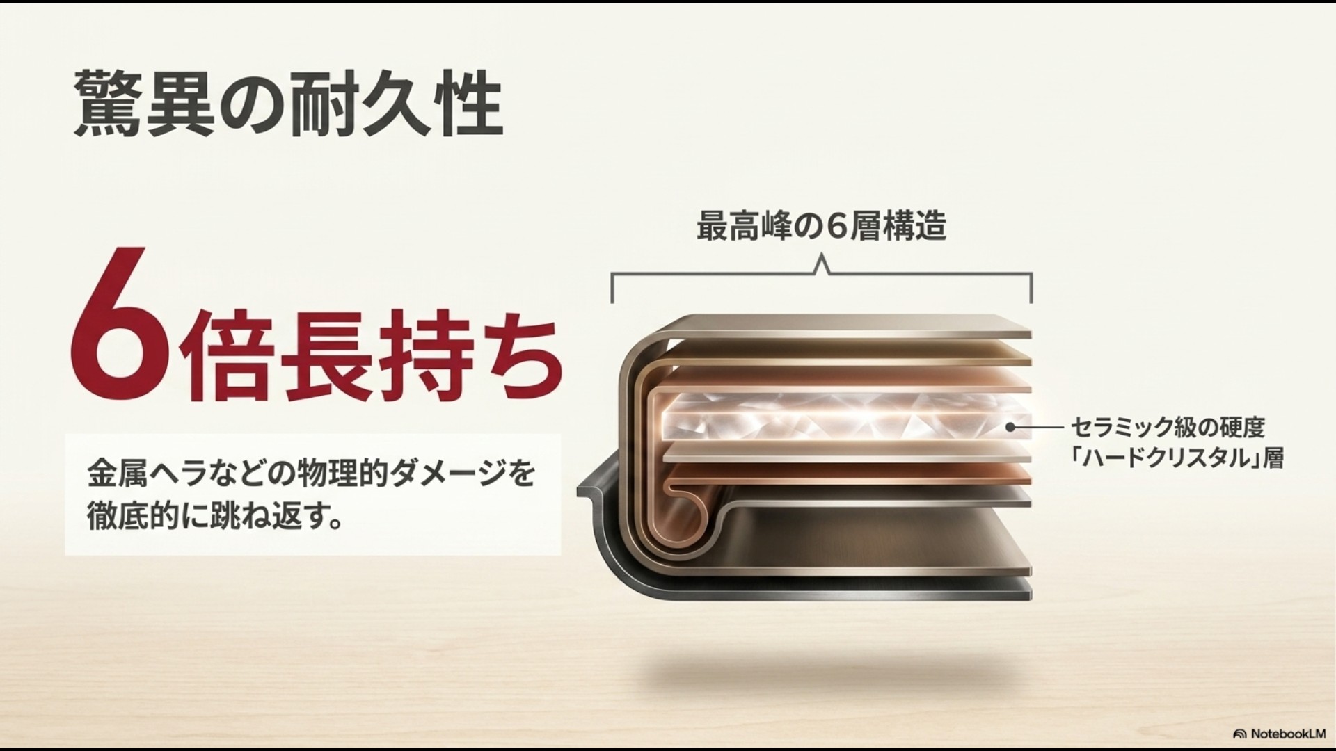 ティファールの最高峰6層構造コーティングの断面イラスト。「驚異の耐久性、6倍長持ち。金属ヘラなどの物理的ダメージを徹底的に跳ね返すセラミック級の硬度『ハードクリスタル』層」という解説。