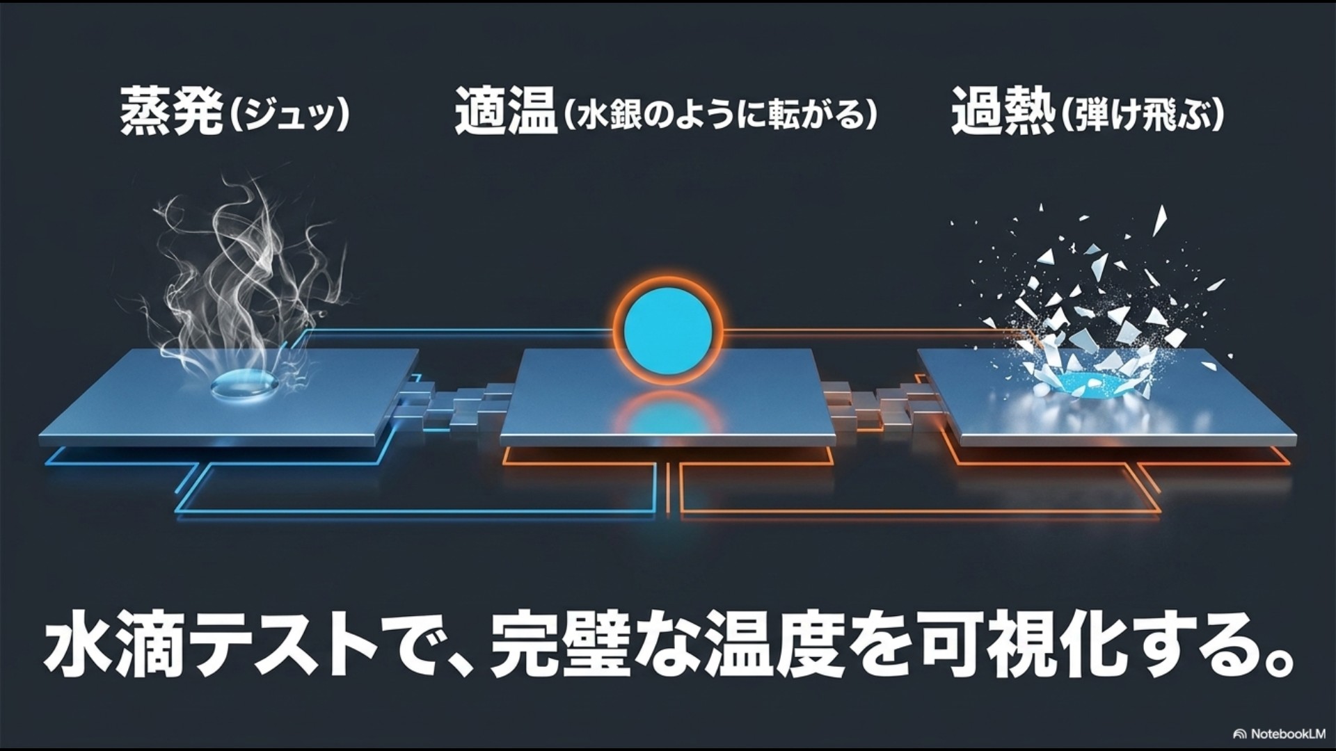 蒸発(ジュッ)、適温(水銀のように転がる)、過加熱(弾け飛ぶ)の3つの水滴の動きから、完璧な温度を可視化する水滴テストのスライド