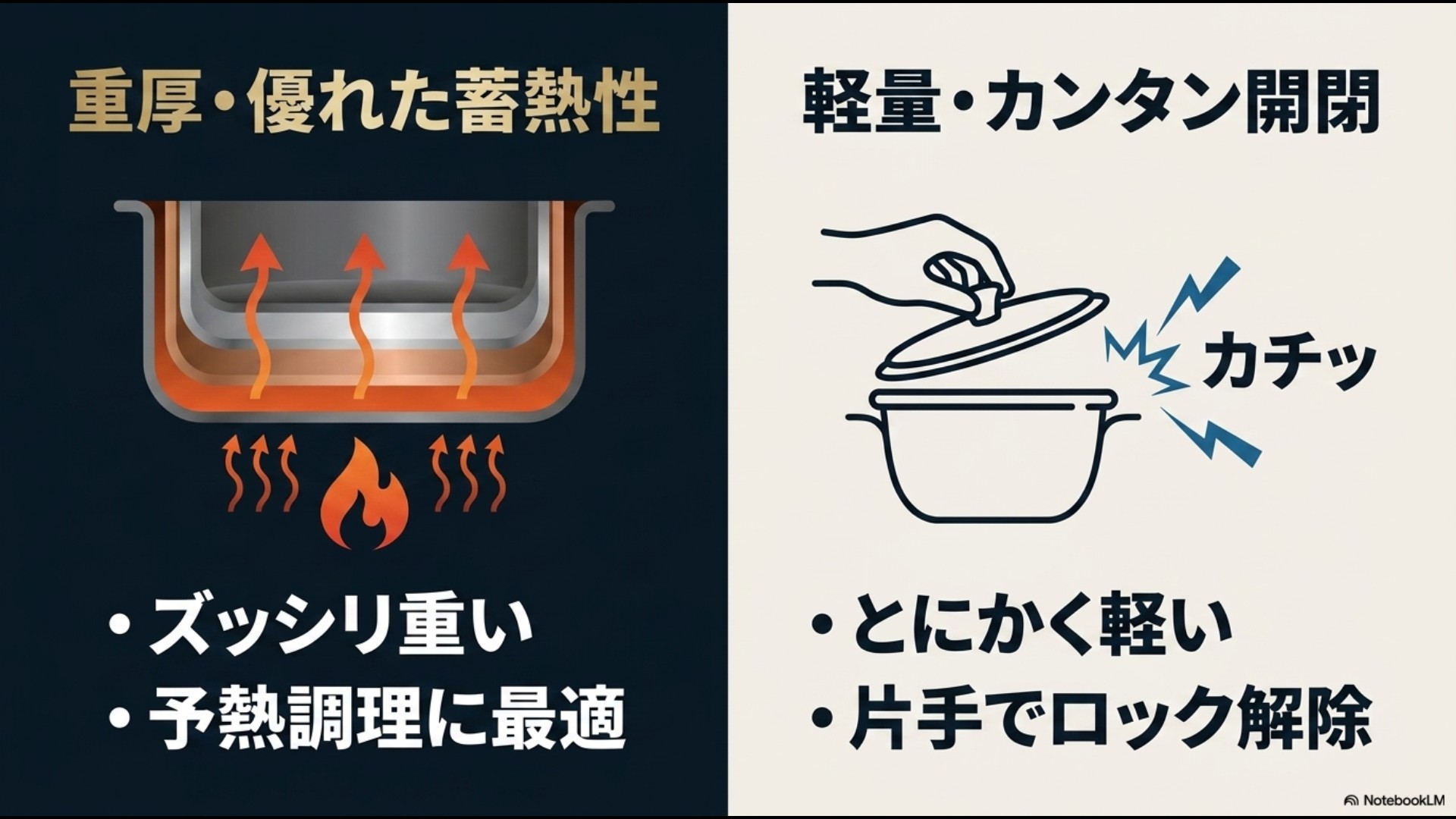 フィスラーの重厚で予熱調理に優れた特徴と、ティファールの軽量で片手ロック解除ができる手軽さを比較したスライド