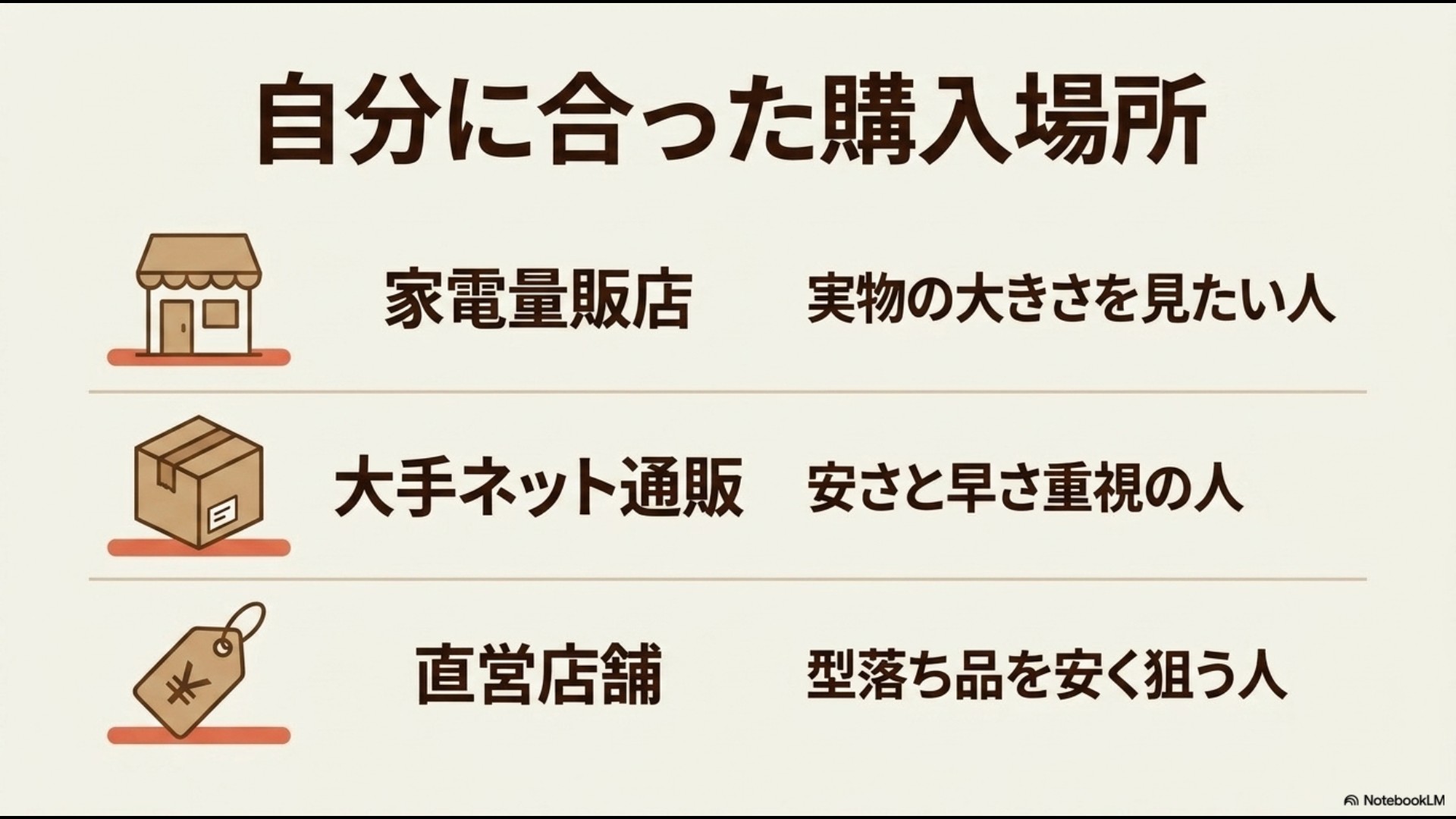 お店、段ボール箱、値札のイラスト。「自分に合った購入場所 家電量販店(実物を見たい人)、大手ネット通販(安さと早さ重視)、直営店舗(型落ちを安く)」と整理されたスライド。