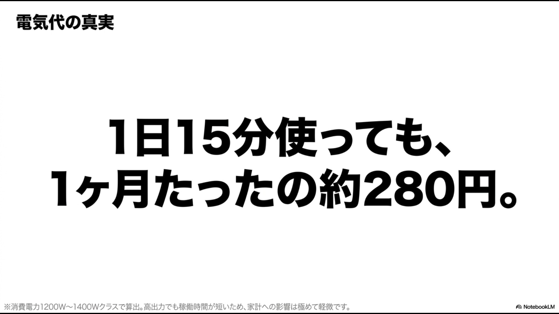 消費電力1200Wから1400Wクラスのエアフライヤーを1日15分使用しても、1ヶ月の電気代はたったの約280円と家計への影響が軽微であることを示すスライド。