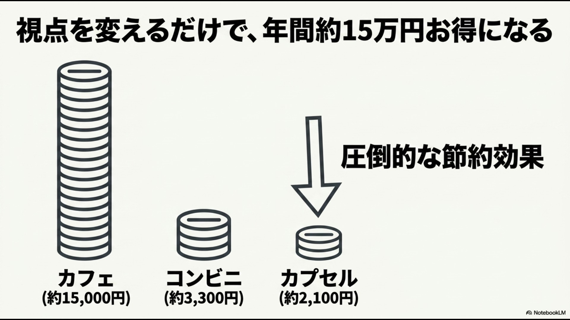 有名カフェ、コンビニ、カプセル式コーヒーの1ヶ月のコスト比較グラフ。カプセル式が年間で約15万円お得になることを示している。