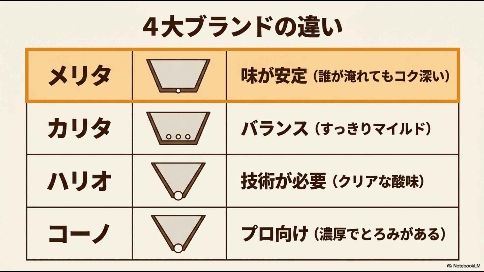 メリタ、カリタ、ハリオ、コーノの4大ブランドのドリッパーの違いをまとめたスライド。メリタは誰が淹れても味が安定しコク深い仕上がりになる特徴が示されています。