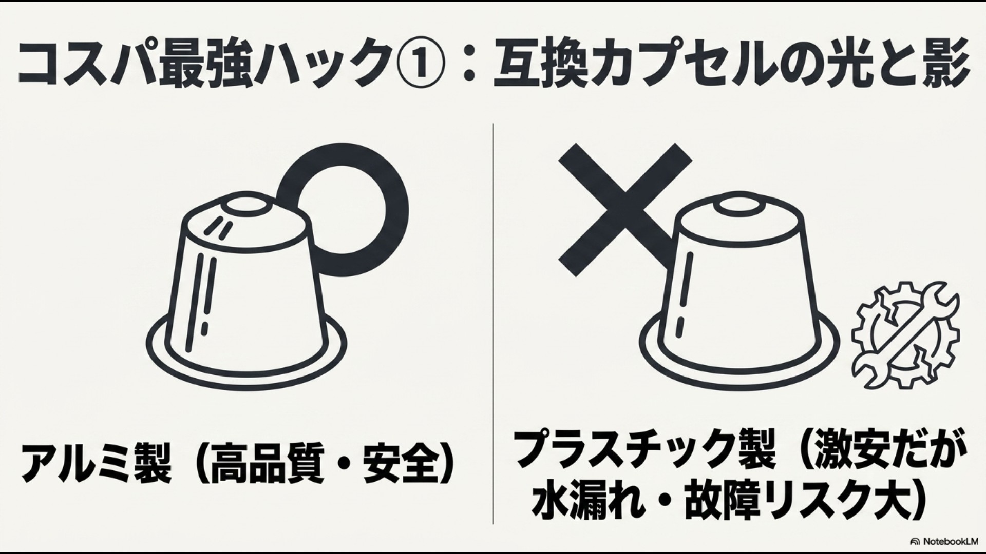 • 互換カプセルの品質とリスクの比較。高品質で安全なアルミ製と、水漏れや故障リスクがある激安プラスチック製の違いを説明するイラスト。