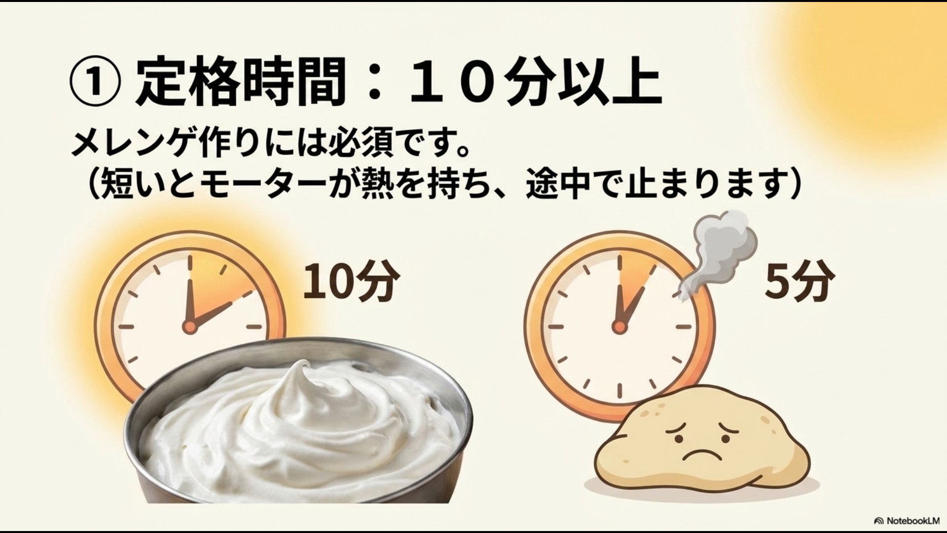 定格時間が10分以上必要な理由と、短いと5分でモーターが熱を持って止まってしまうリスクを比較したイラストスライド