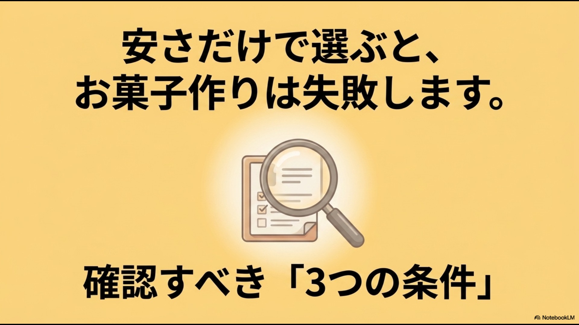 安さだけで選ぶと失敗する、ハンドミキサー購入時に確認すべき3つの条件を説明するスライド