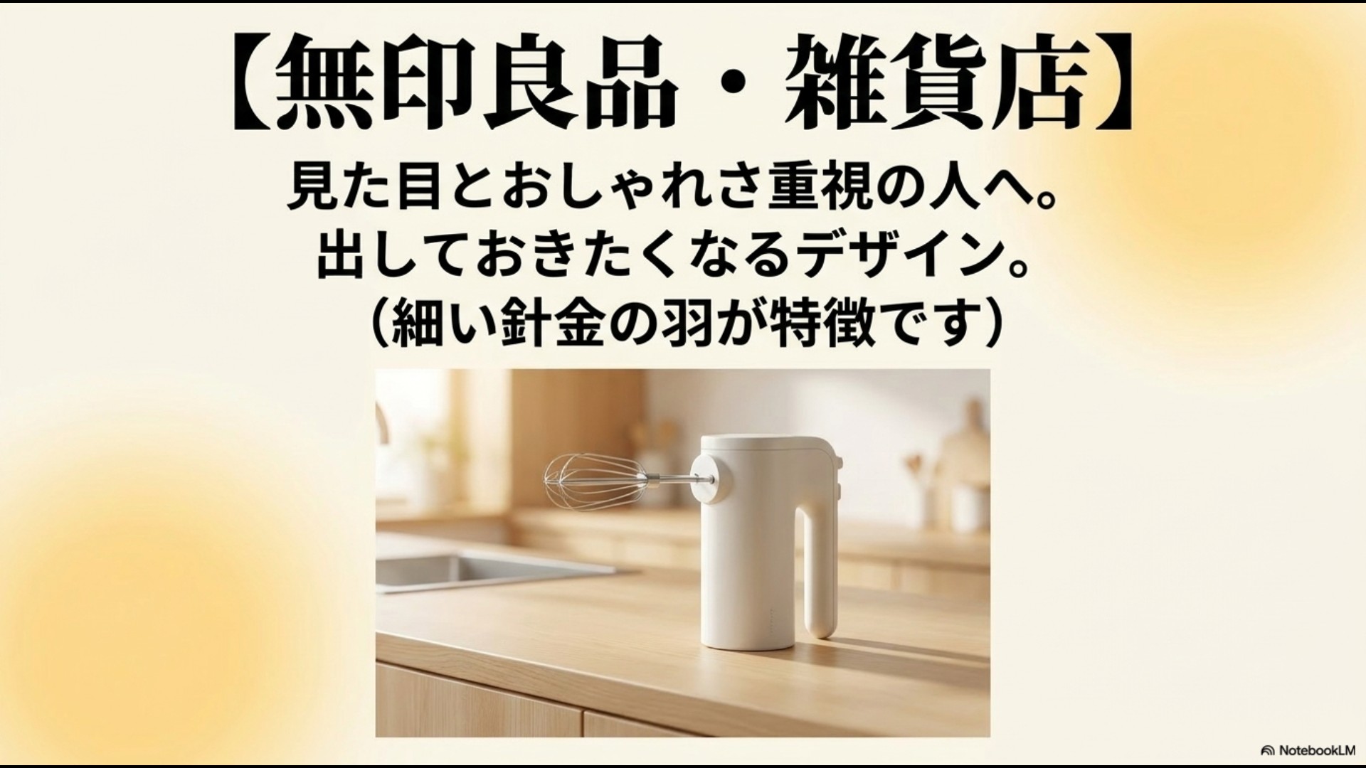 見た目とおしゃれさ重視の人向けに、出しておきたくなるデザインや細い針金の羽を特徴とする製品を説明するスライド