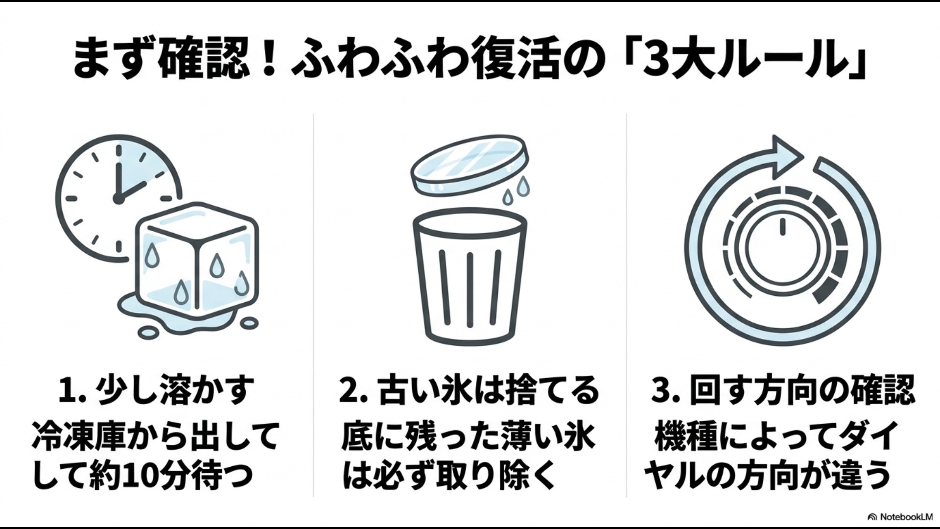かき氷機を快適に使うための3大ルール(少し溶かす、古い氷は捨てる、回す方向の確認)のまとめスライド