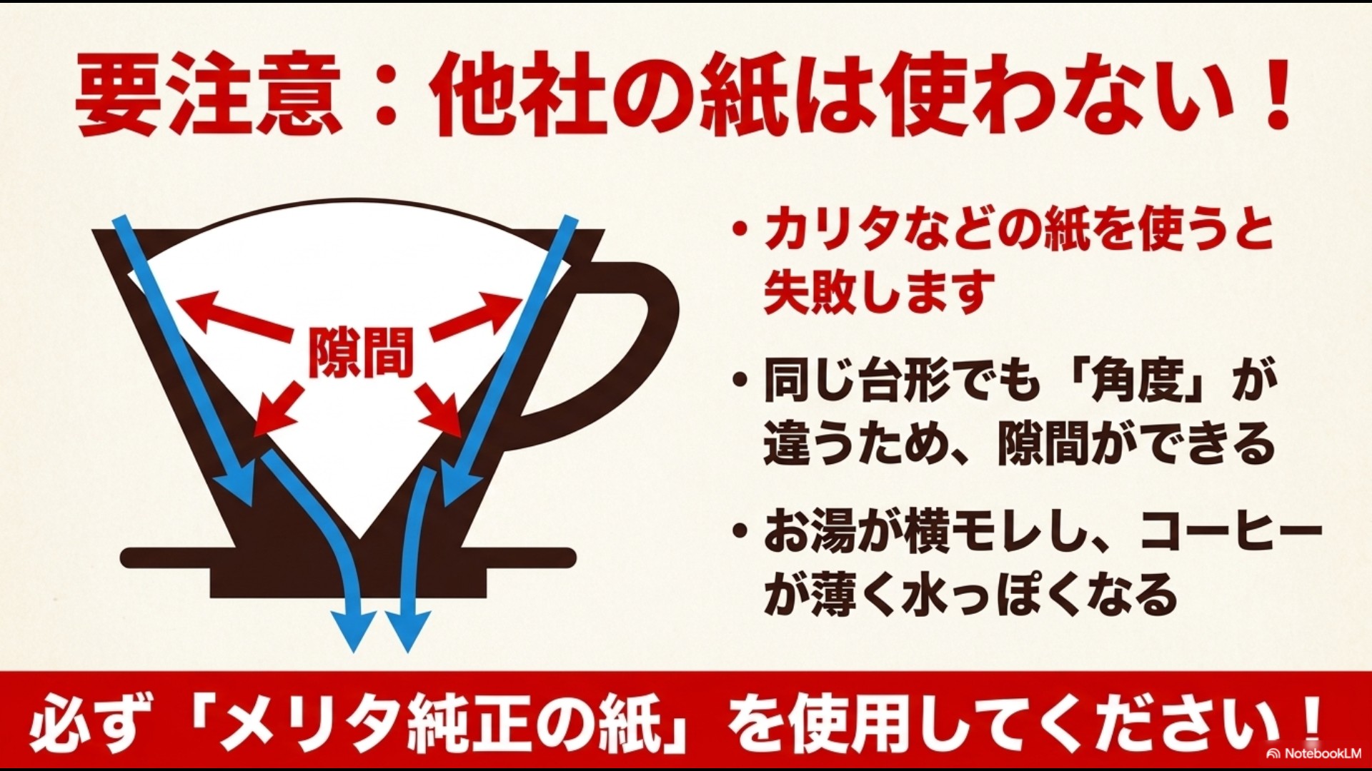 メリタのドリッパーにカリタなどの他社製の紙を合わせた際のデメリットを説明するスライド。角度が違うため隙間ができ、お湯が横モレしてコーヒーが薄くなる様子が描かれています。