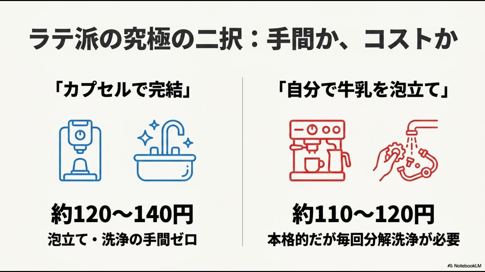ミルクメニューにおける手間のコストの二択。カプセル完結(手間ゼロで1杯約120〜140円)と、牛乳泡立て(本格的だが毎回分解洗浄が必要で1杯約110〜120円)の比較イラスト。